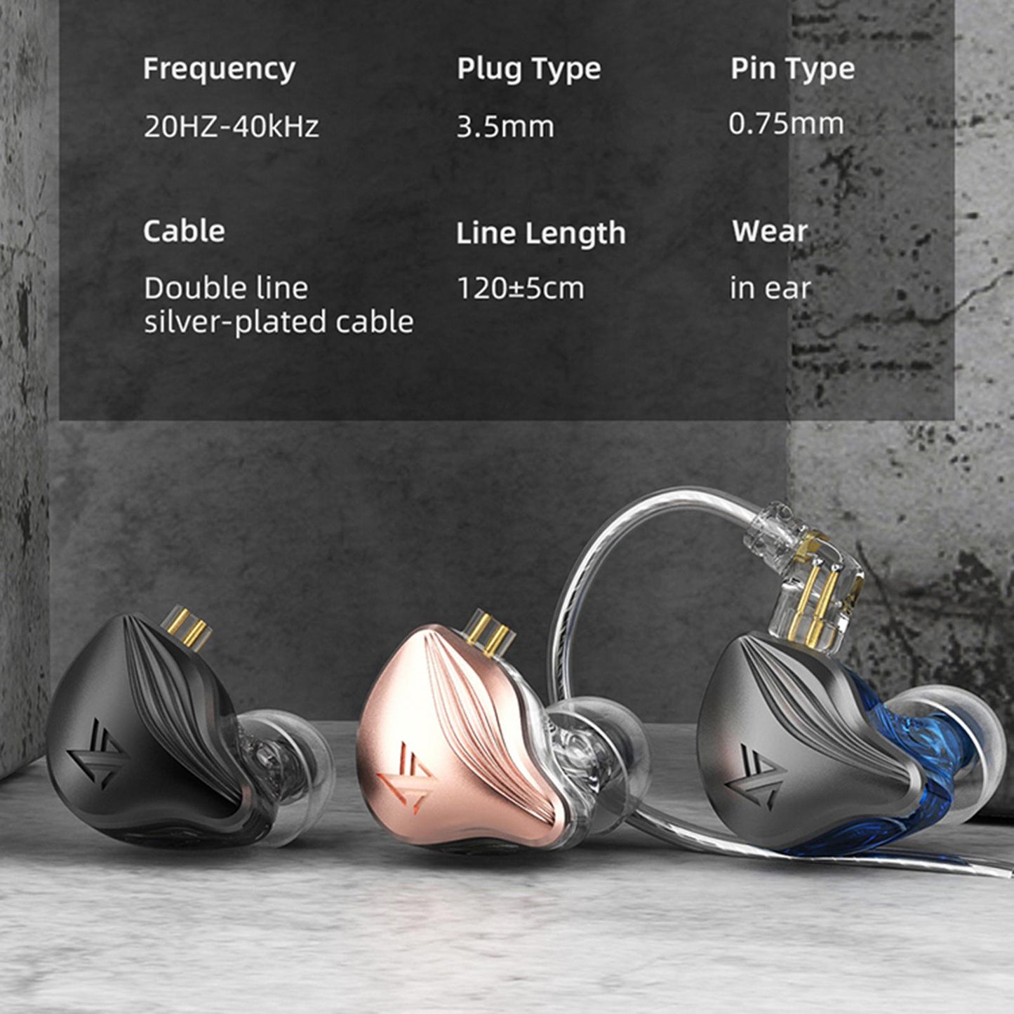 Dual Hybrid Driver Earphones 0.75mm 2Pin Detachable Cable Rose Gold no Mic
