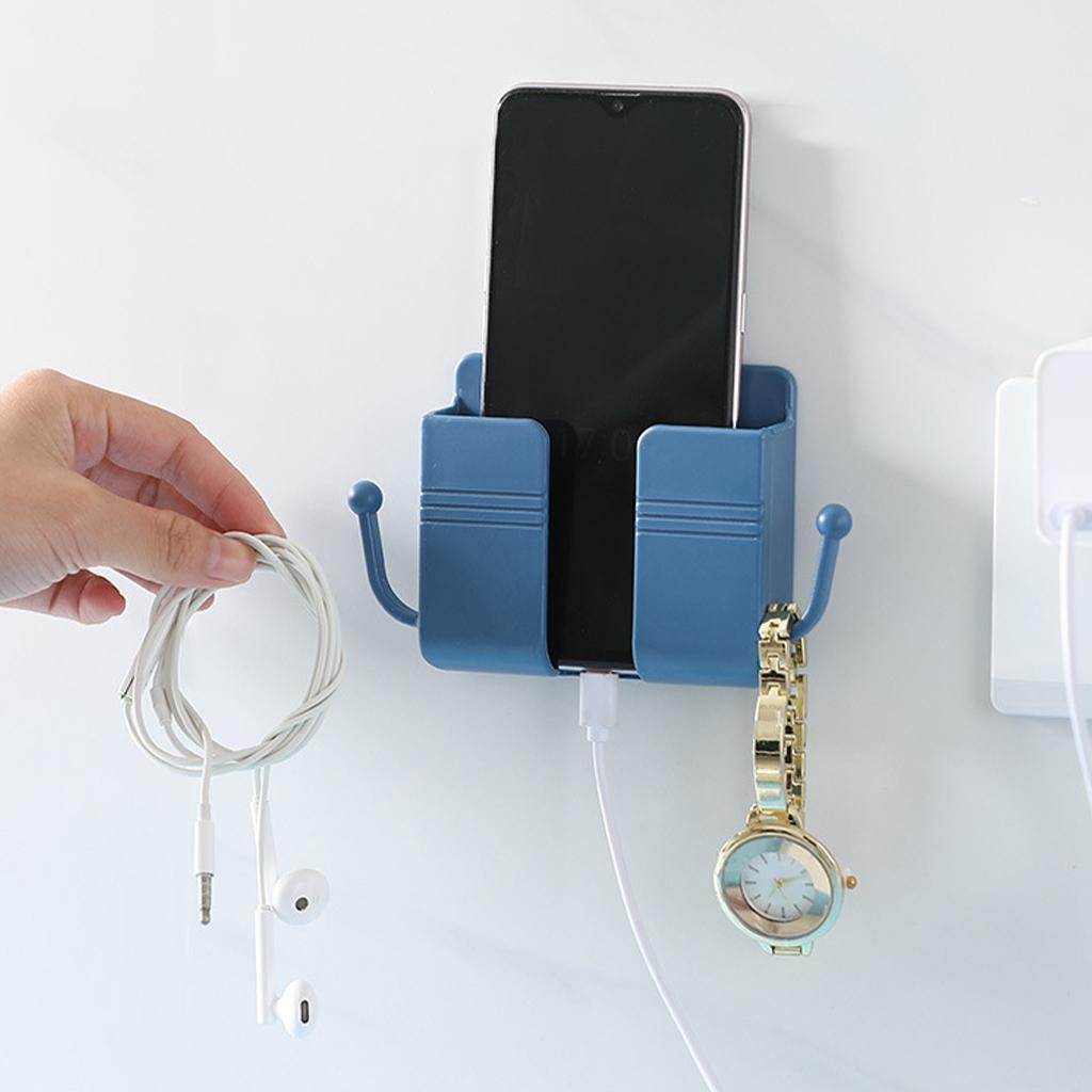 Wall Mount Phone Holder Adhesive Phones Home Charging Rack with Hooks Blue