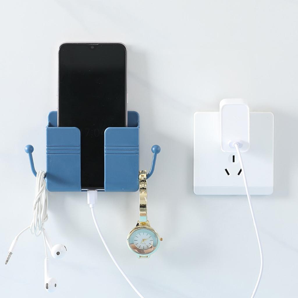 Wall Mount Phone Holder Adhesive Phones Home Charging Rack with Hooks Blue