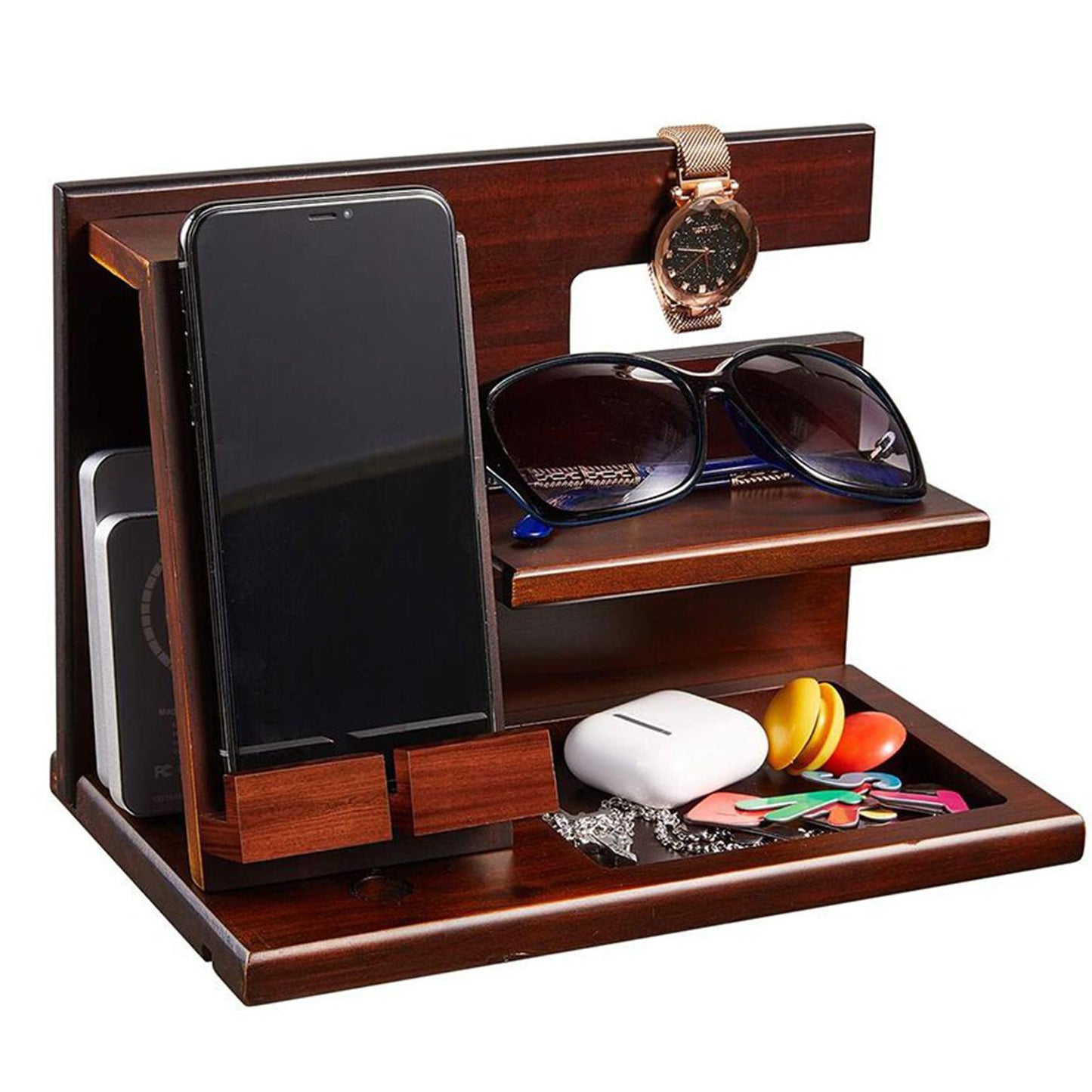 Wood Phone Docking Station Travel Key Holder Wallet Stand Watch Organizer