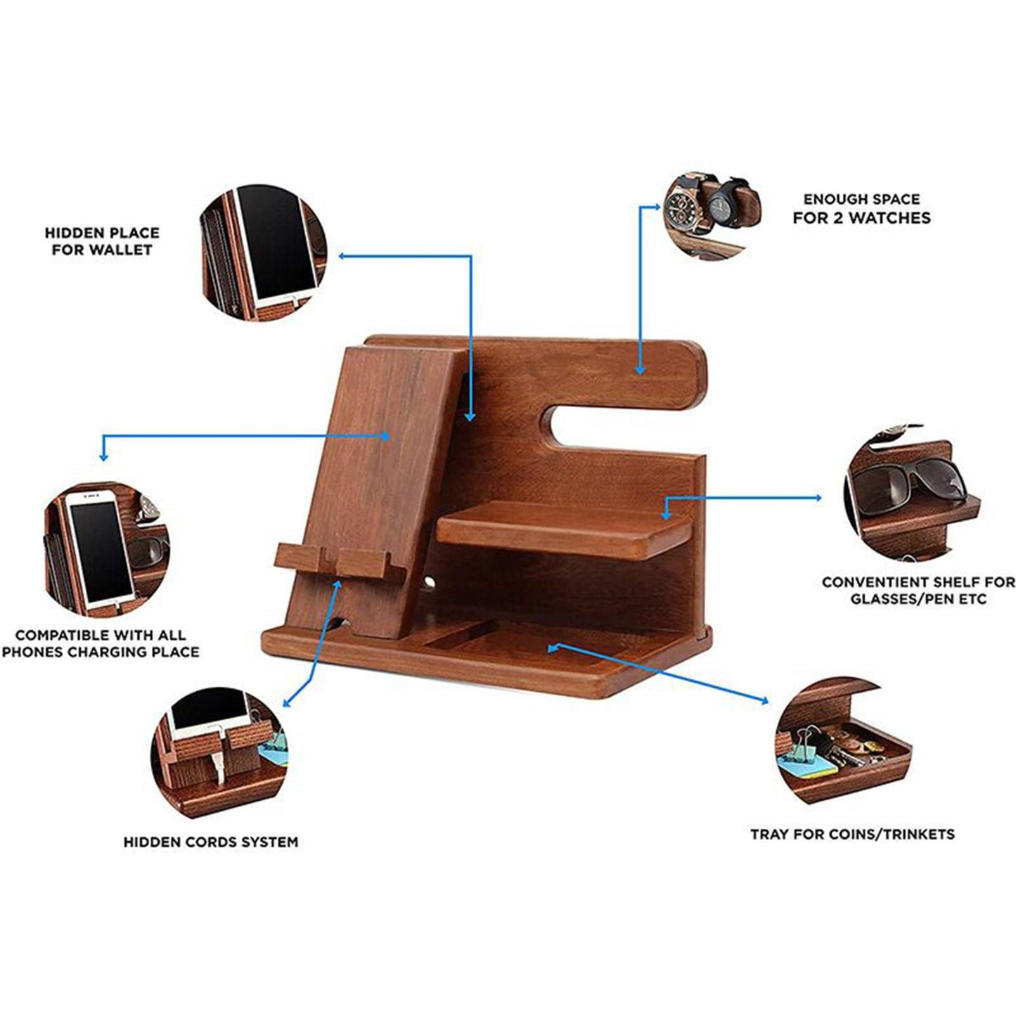 Wood Phone Docking Station Travel Key Holder Wallet Stand Watch Organizer