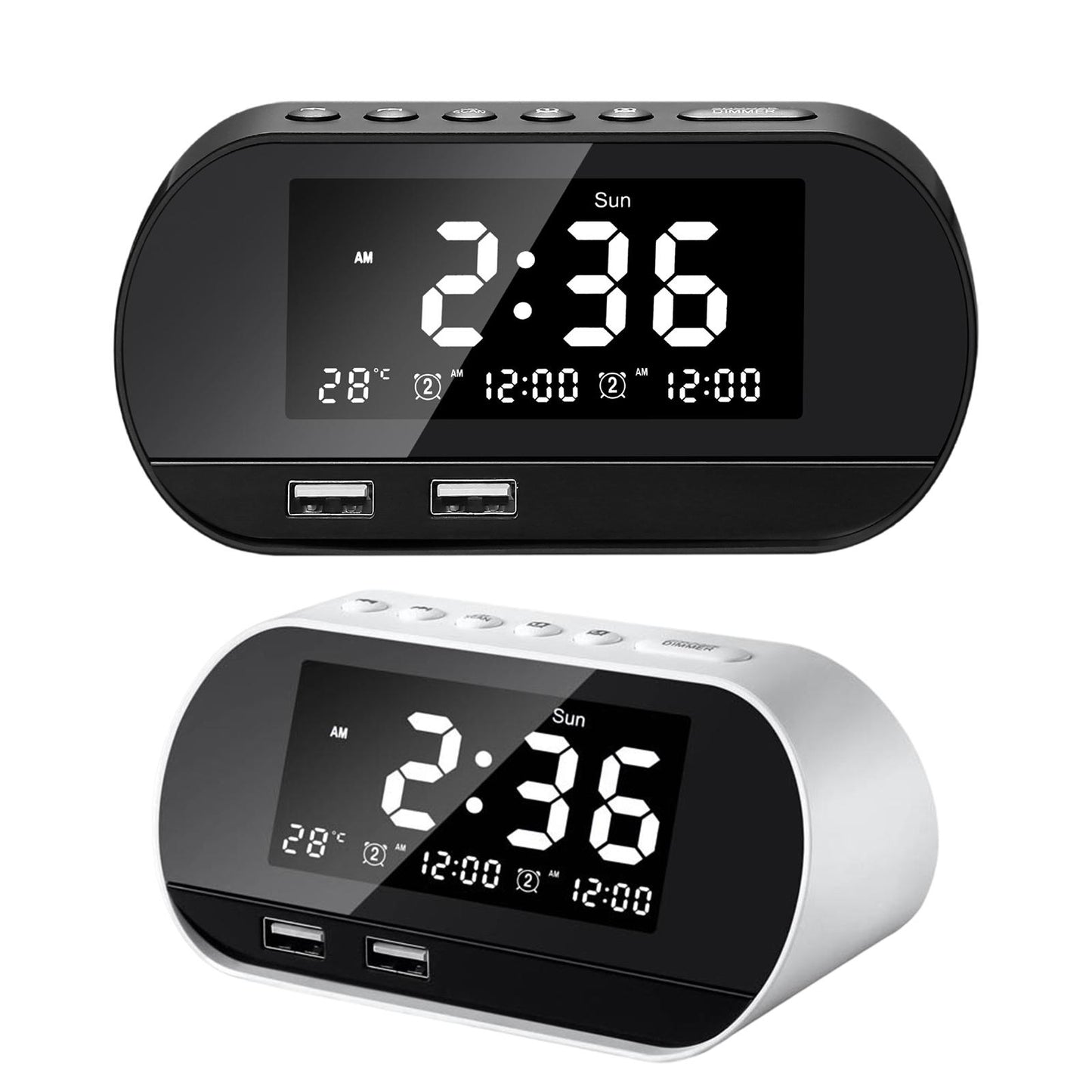 Desktop Alarm Clock with Speaker FM Function Dual USB Port LED Display White