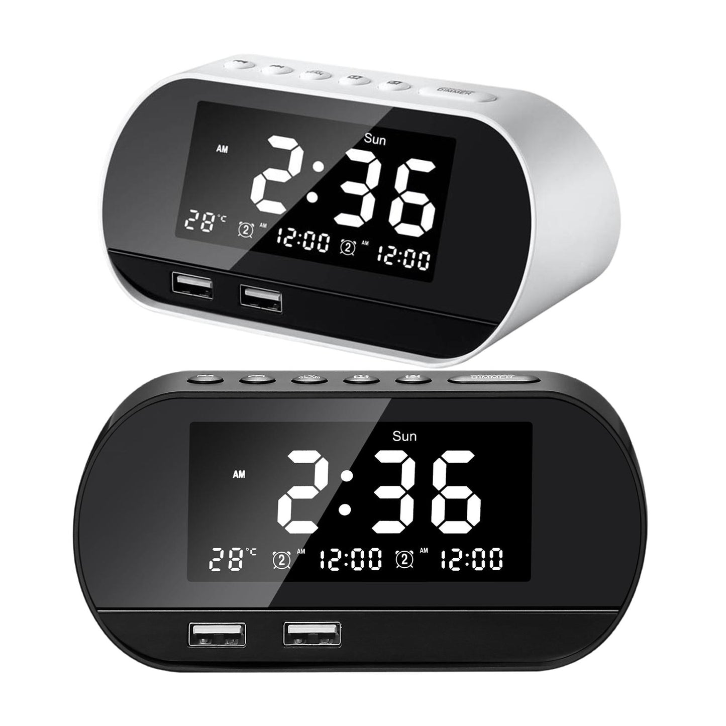 Desktop Alarm Clock with Speaker FM Function Dual USB Port LED Display White
