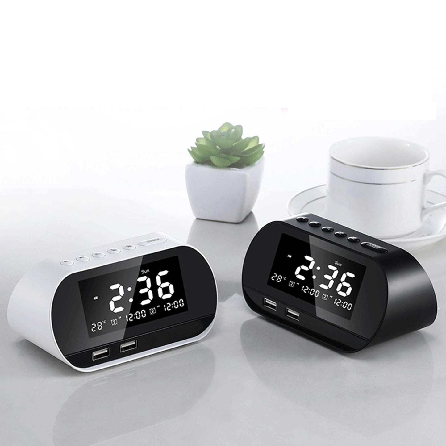 Desktop Alarm Clock with Speaker FM Function Dual USB Port LED Display White