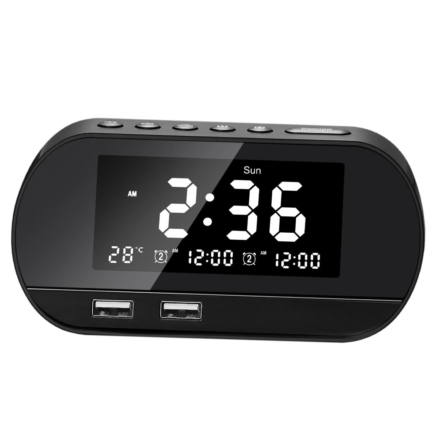 Desktop Alarm Clock with Speaker FM Function Dual USB Port LED Display Black
