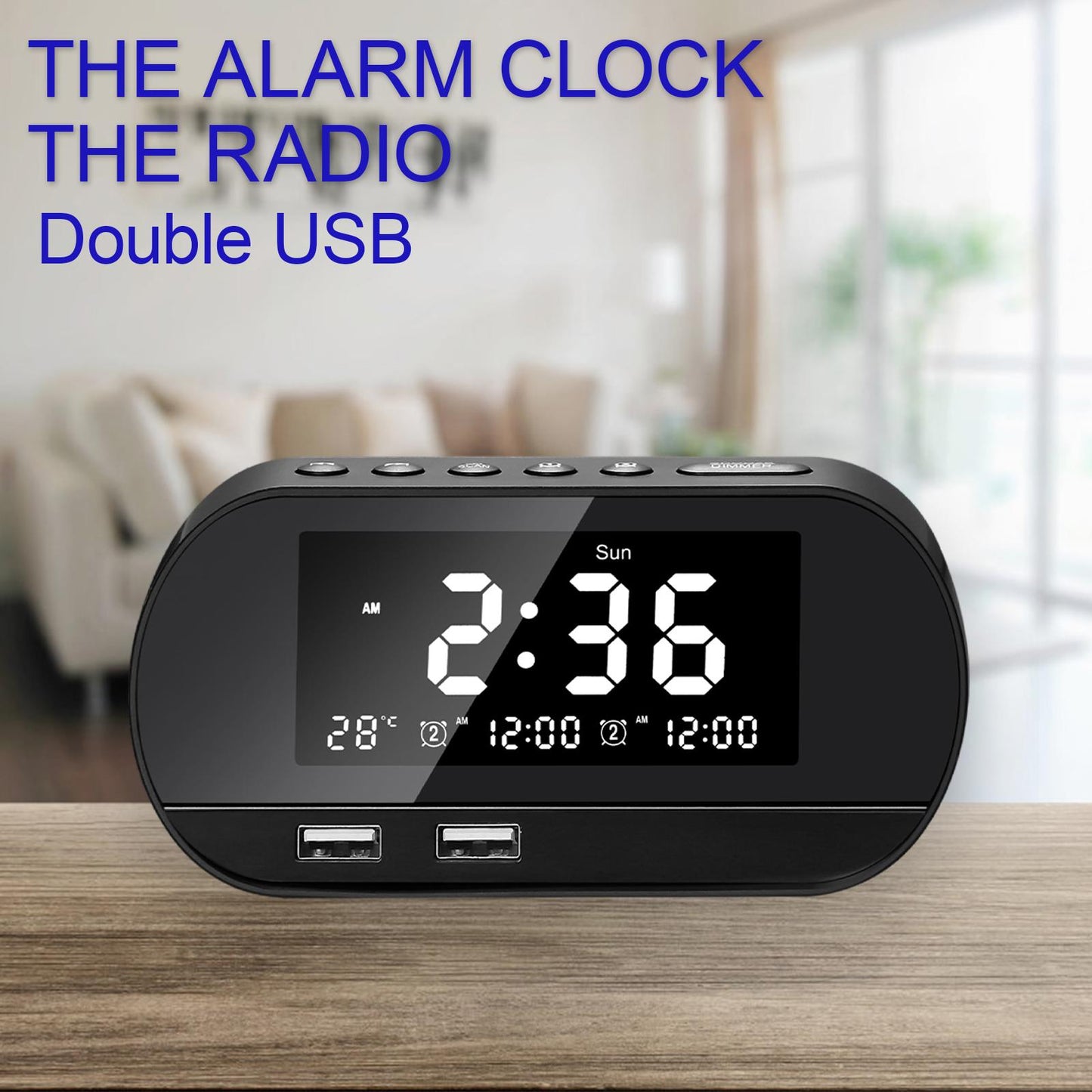 Desktop Alarm Clock with Speaker FM Function Dual USB Port LED Display Black