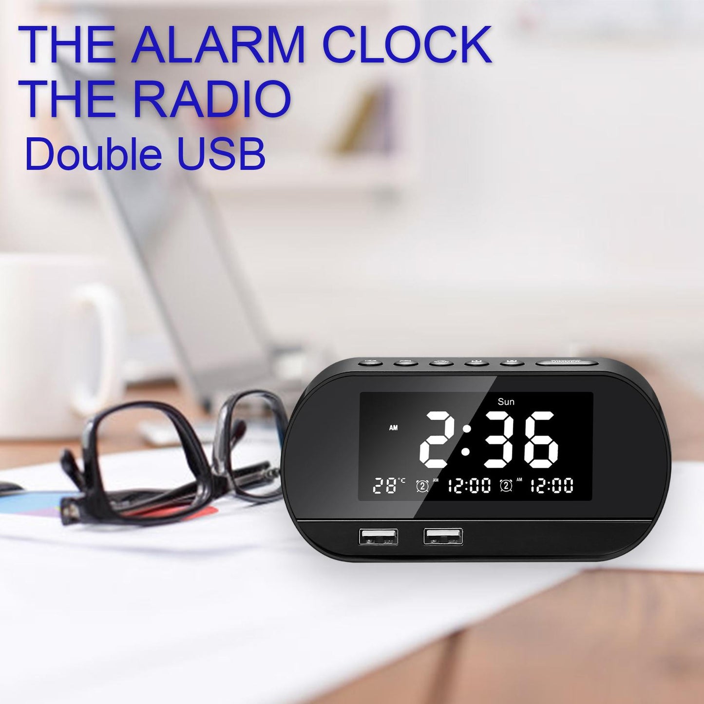 Desktop Alarm Clock with Speaker FM Function Dual USB Port LED Display Black