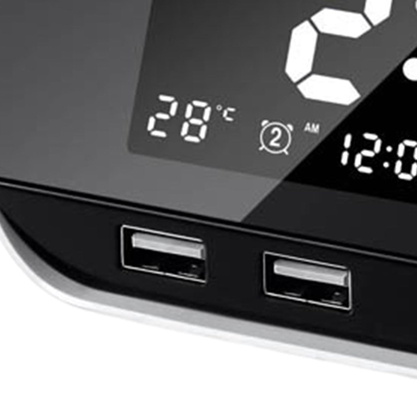 Desktop LED Mirror Alarm Clock with HIFI Speaker FM Dual USB Ports White