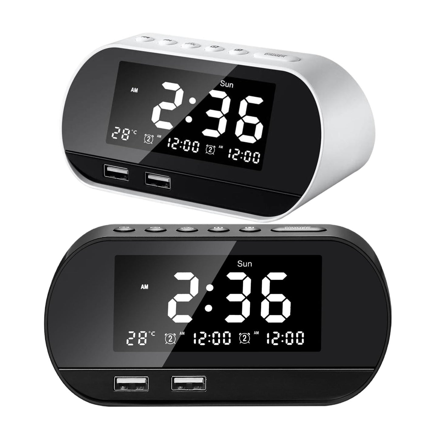 Desktop LED Mirror Alarm Clock with HIFI Speaker FM Dual USB Ports White