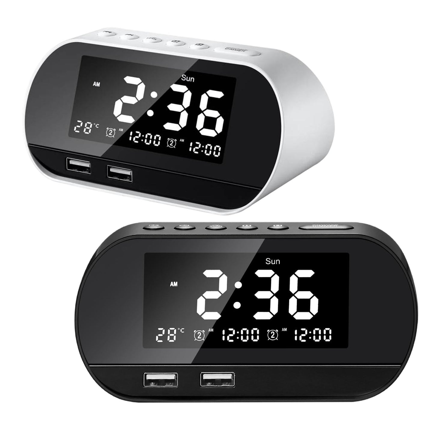 Desktop LED Mirror Alarm Clock with HIFI Speaker FM Dual USB Ports White