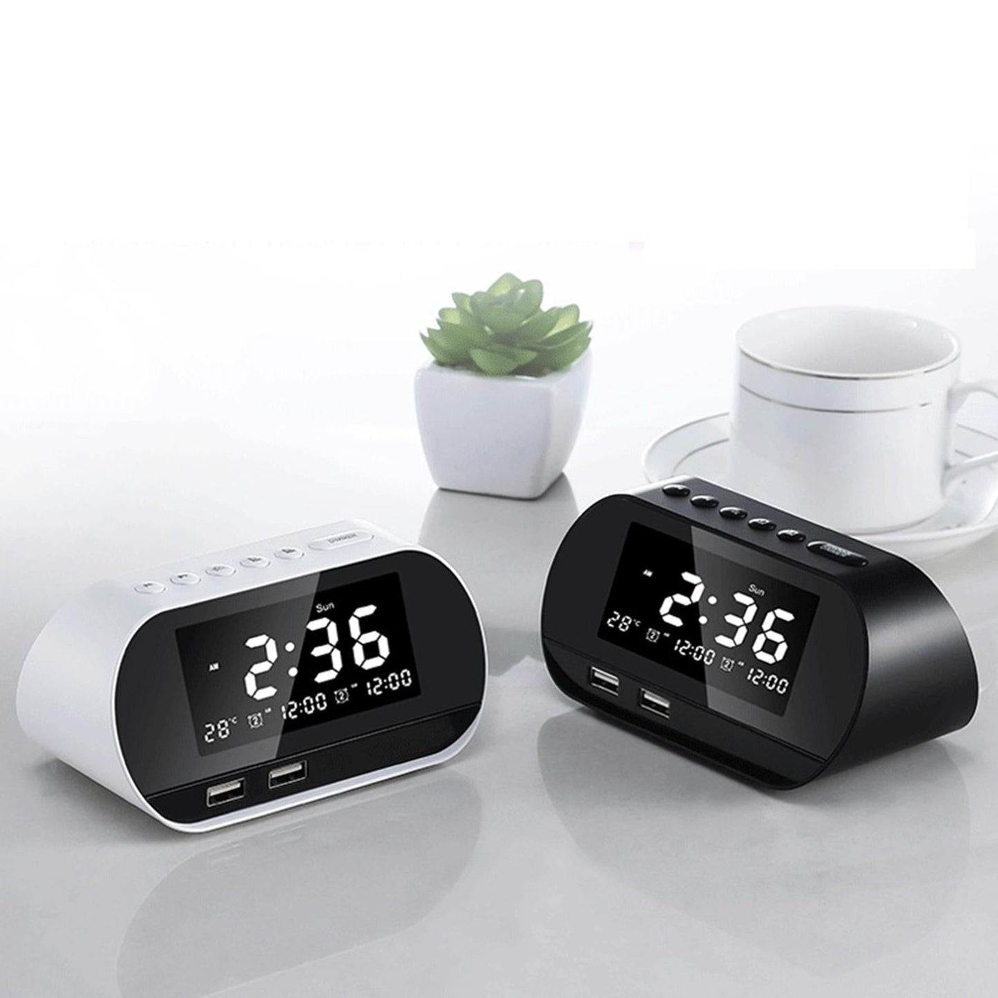 Desktop LED Mirror Alarm Clock with HIFI Speaker FM Dual USB Ports White