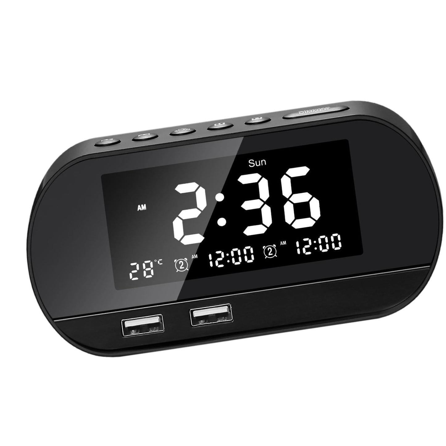 Desktop LED Mirror Alarm Clock with HIFI Speaker FM Dual USB Ports Black