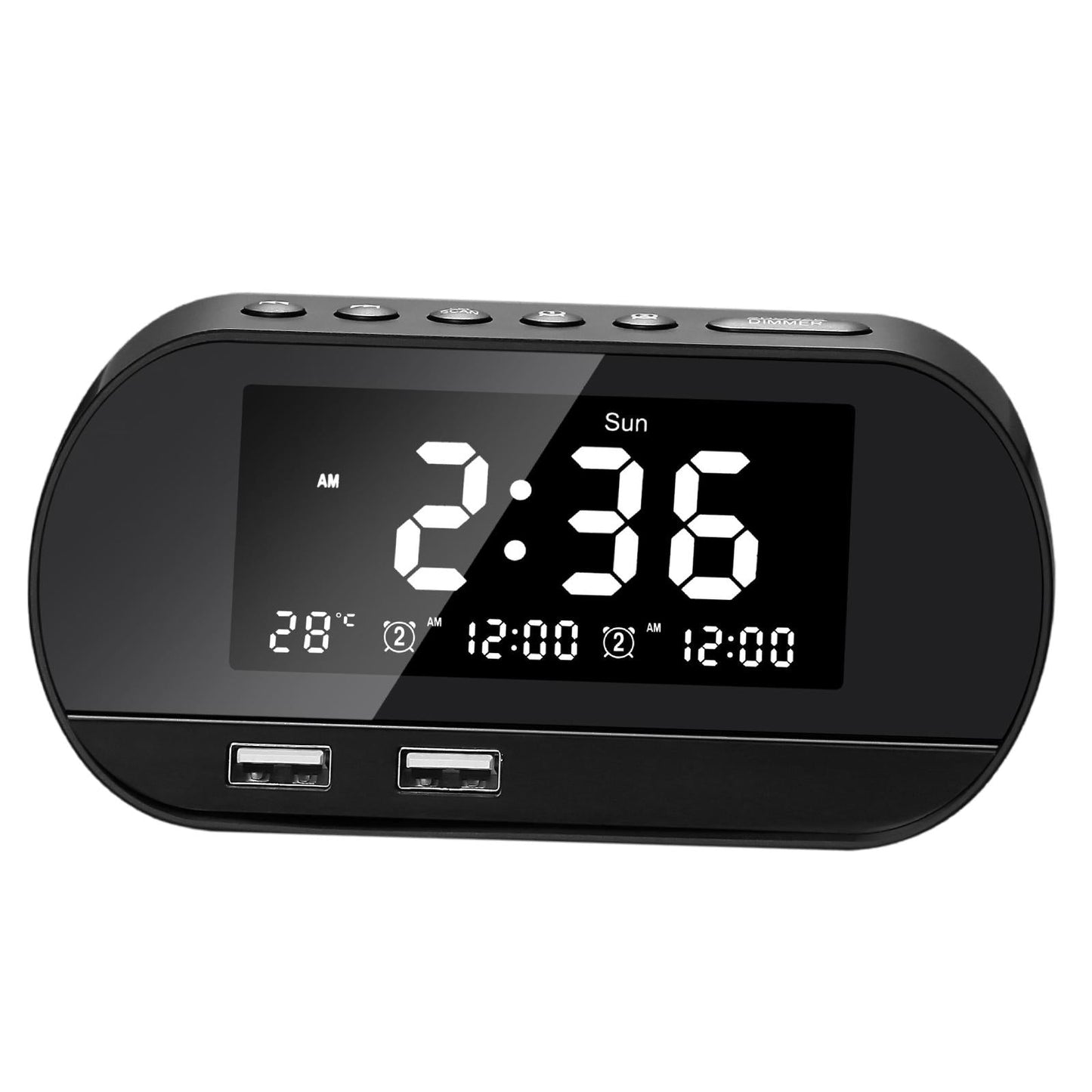 Desktop LED Mirror Alarm Clock with HIFI Speaker FM Dual USB Ports Black