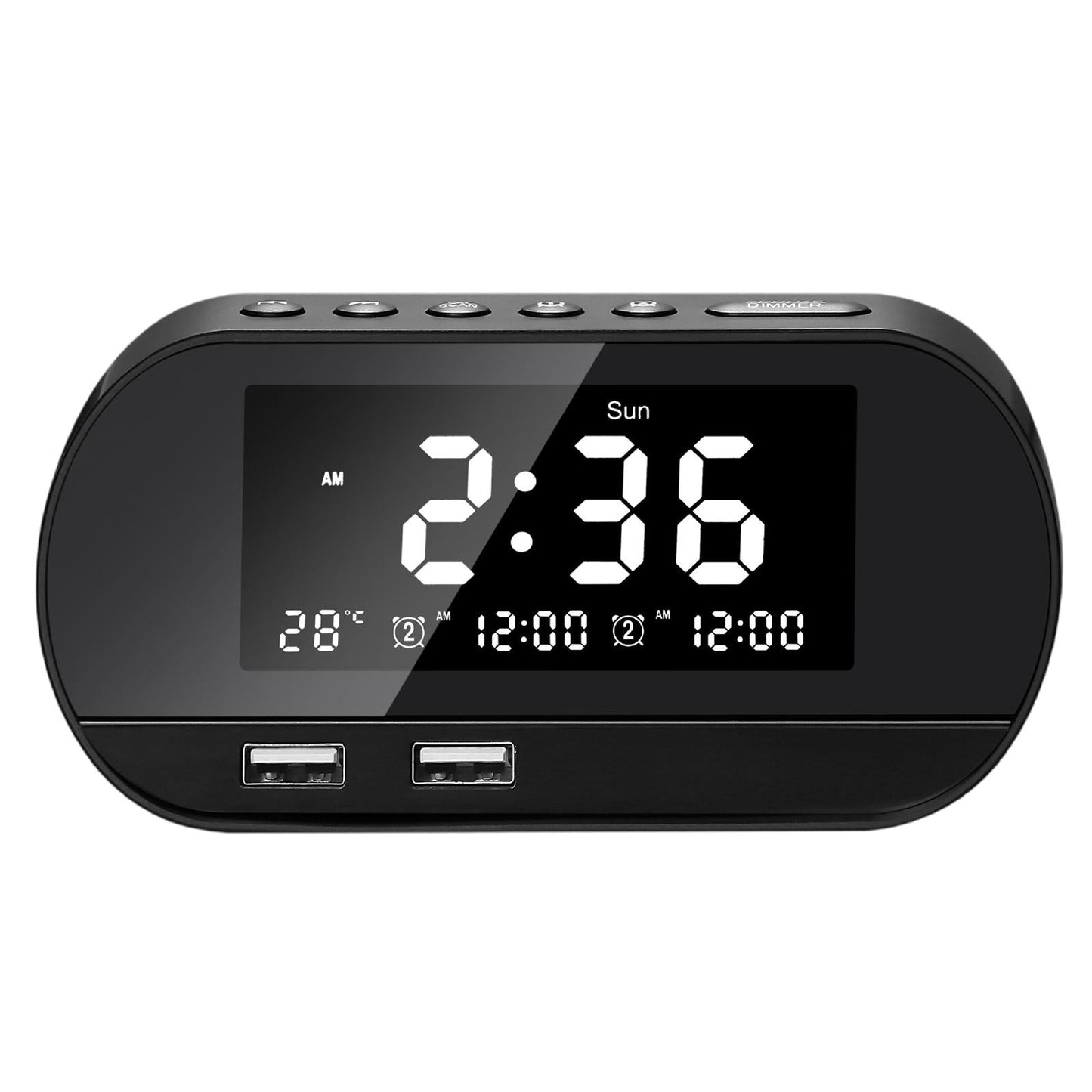 Desktop LED Mirror Alarm Clock with HIFI Speaker FM Dual USB Ports Black