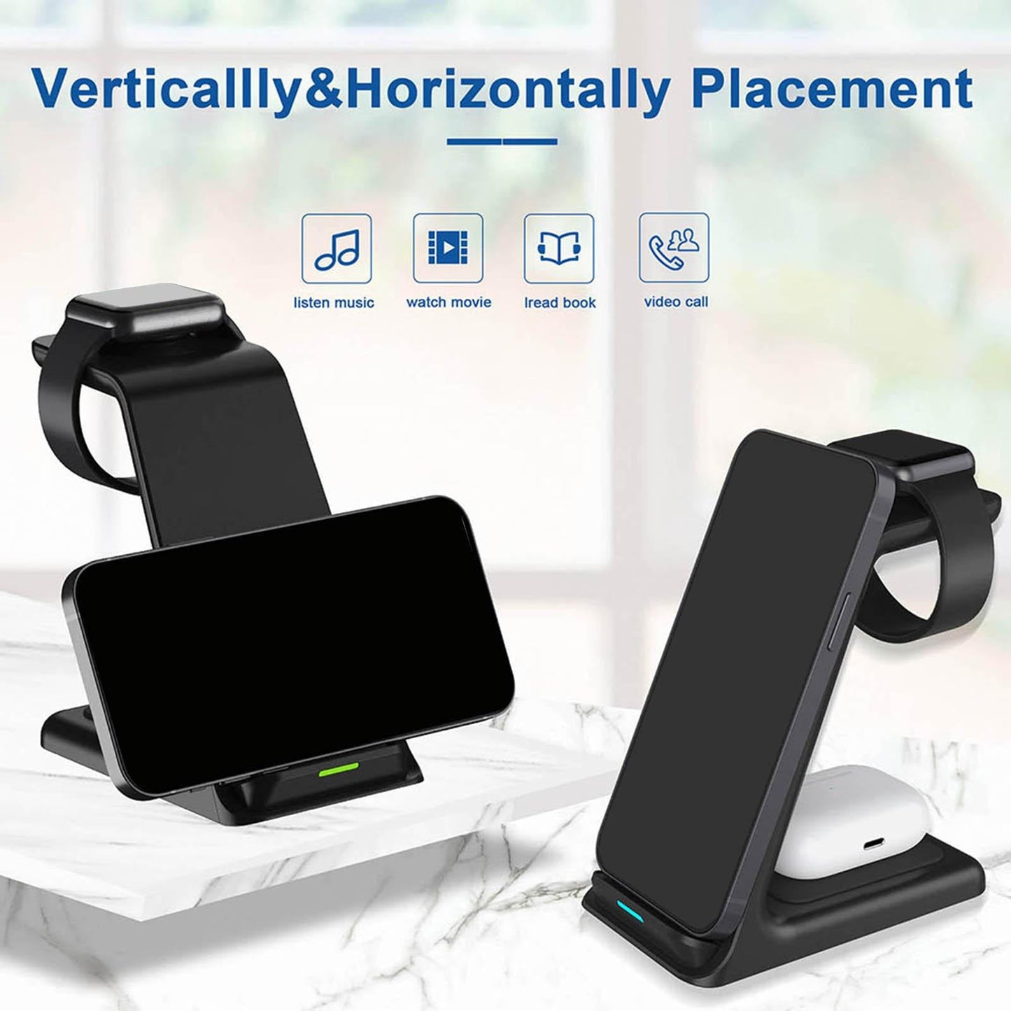 3 in 1 Wireless Charger Stand Gifts Office for iPhone 13 12 11 XR x 8 Black