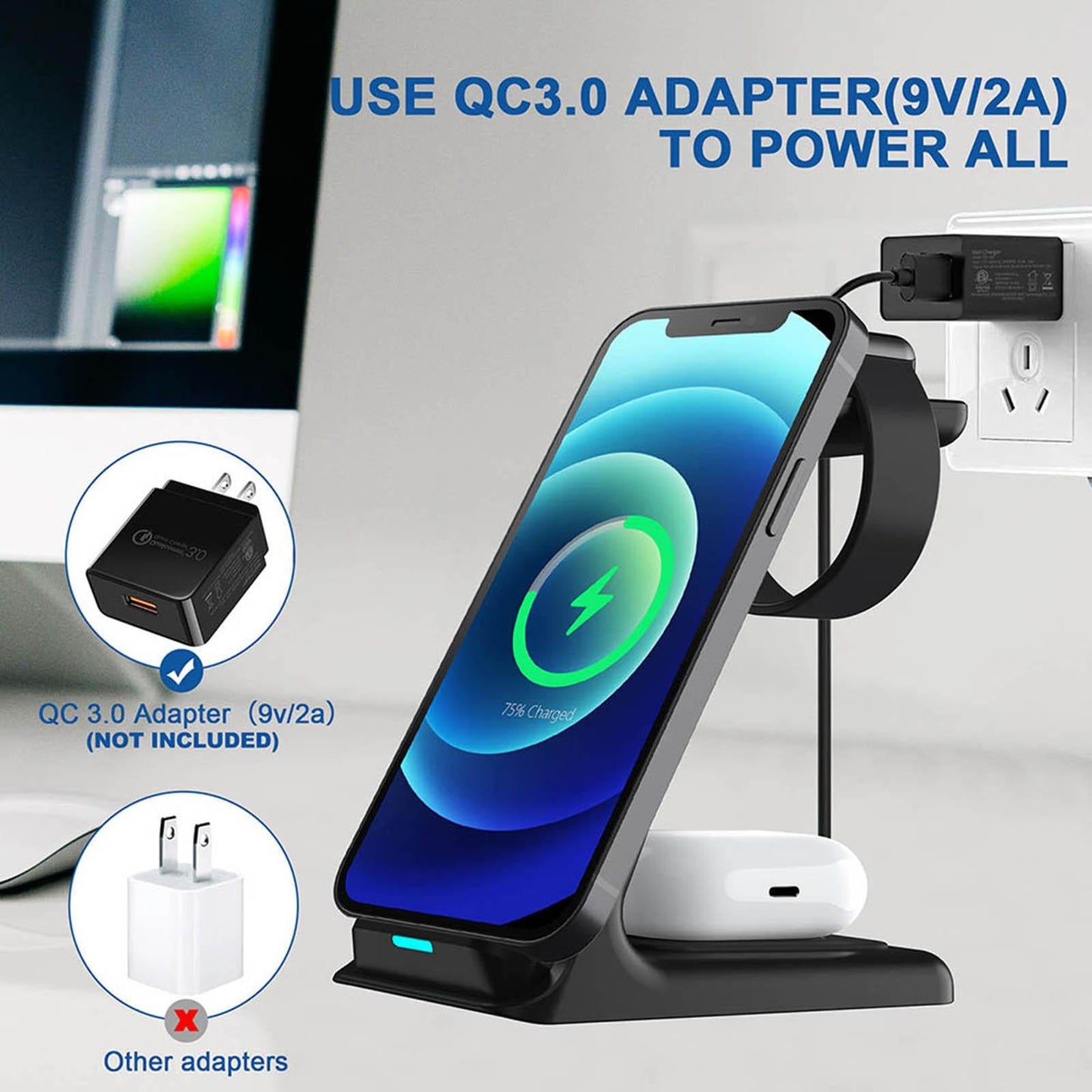 3 in 1 Wireless Charger Stand Gifts Office for iPhone 13 12 11 XR x 8 Black