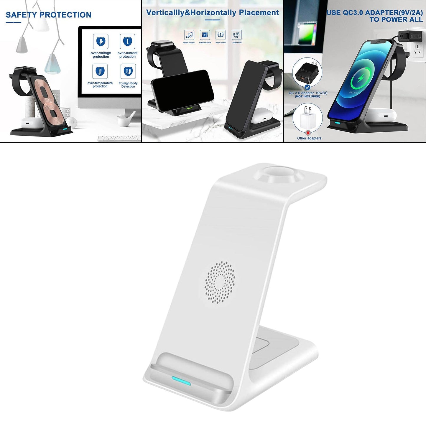 3 in 1 Wireless Charger Stand Gifts Office for iPhone 13 12 11 XR x 8 White