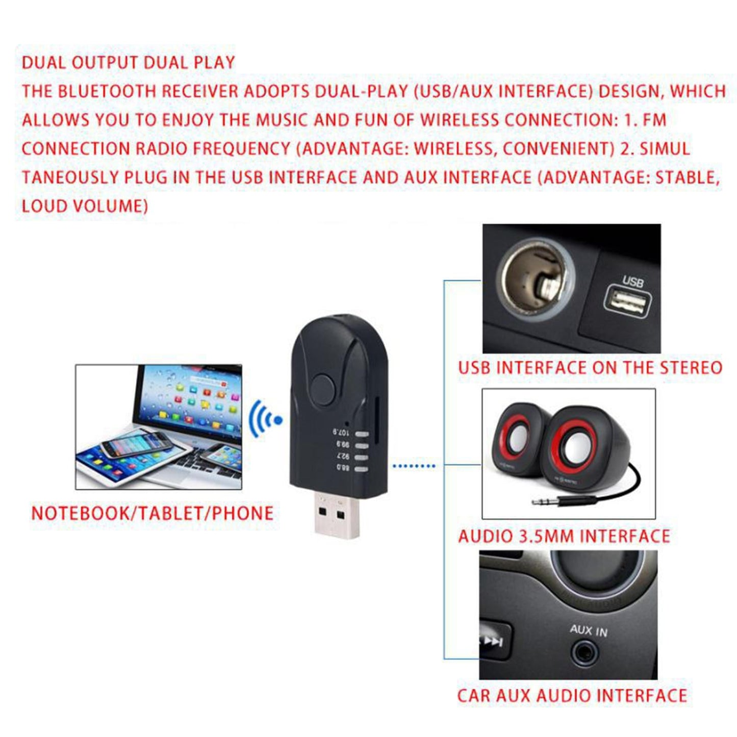 USB Bluetooth Adapter Wireless Built-in Mic Audio for Laptop AUX Headphones