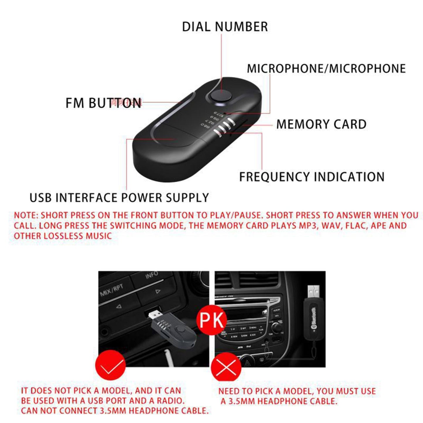 USB Bluetooth Adapter Wireless Built-in Mic Audio for Laptop AUX Headphones