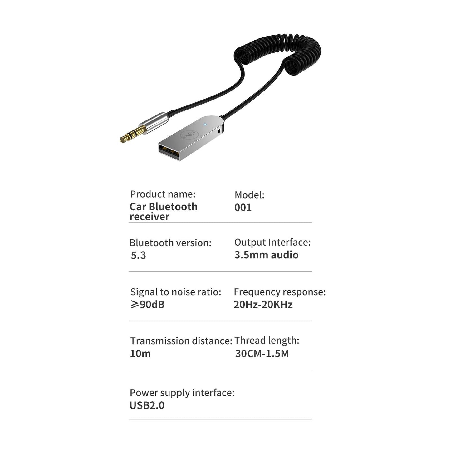 Car Bluetooth Receiver USB 2.0 to 3.5mm Jack Hands-Free Call for Car Speaker
