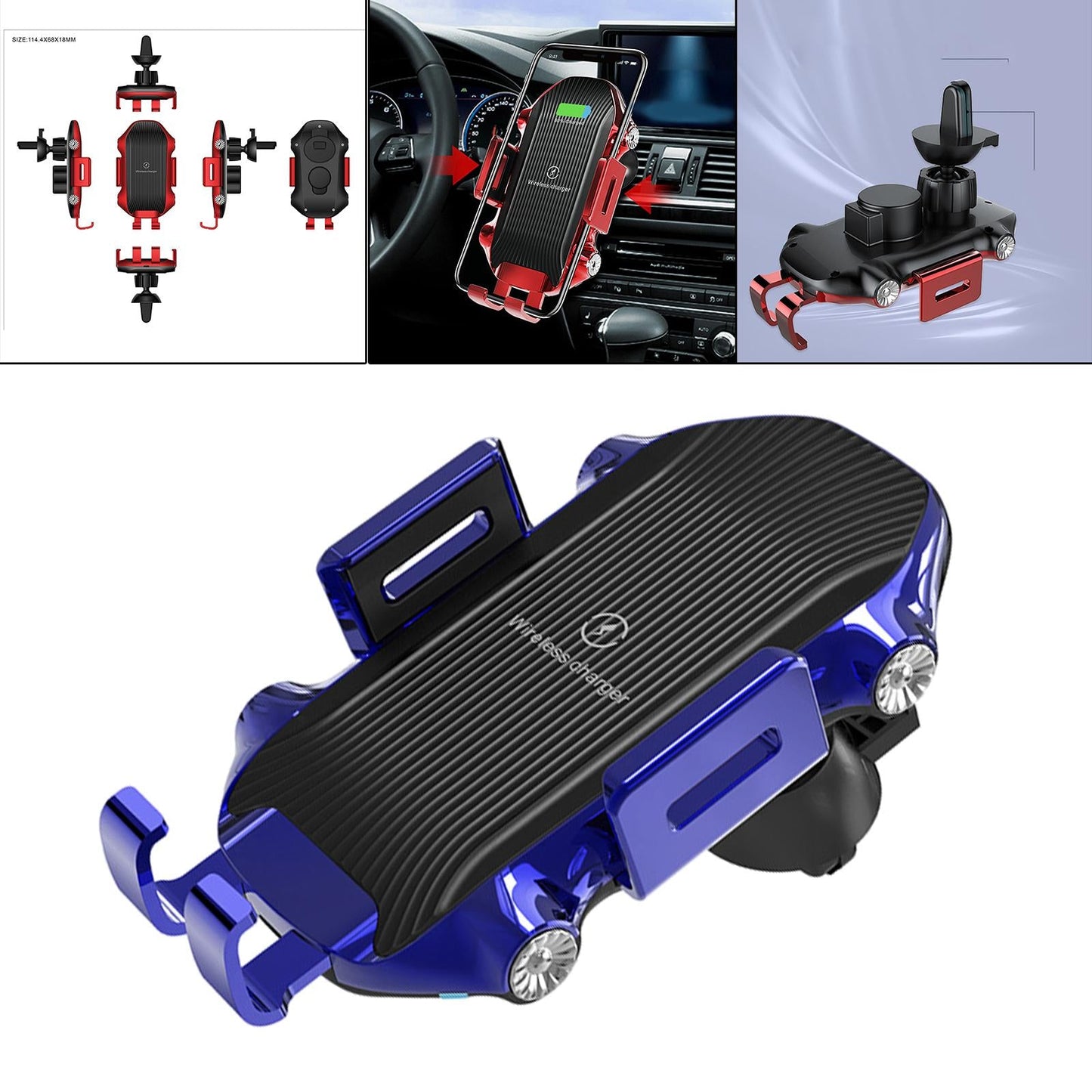 Car Phone Holder Wireless Charger Suction Mount Fast Charge Smartphones Blue