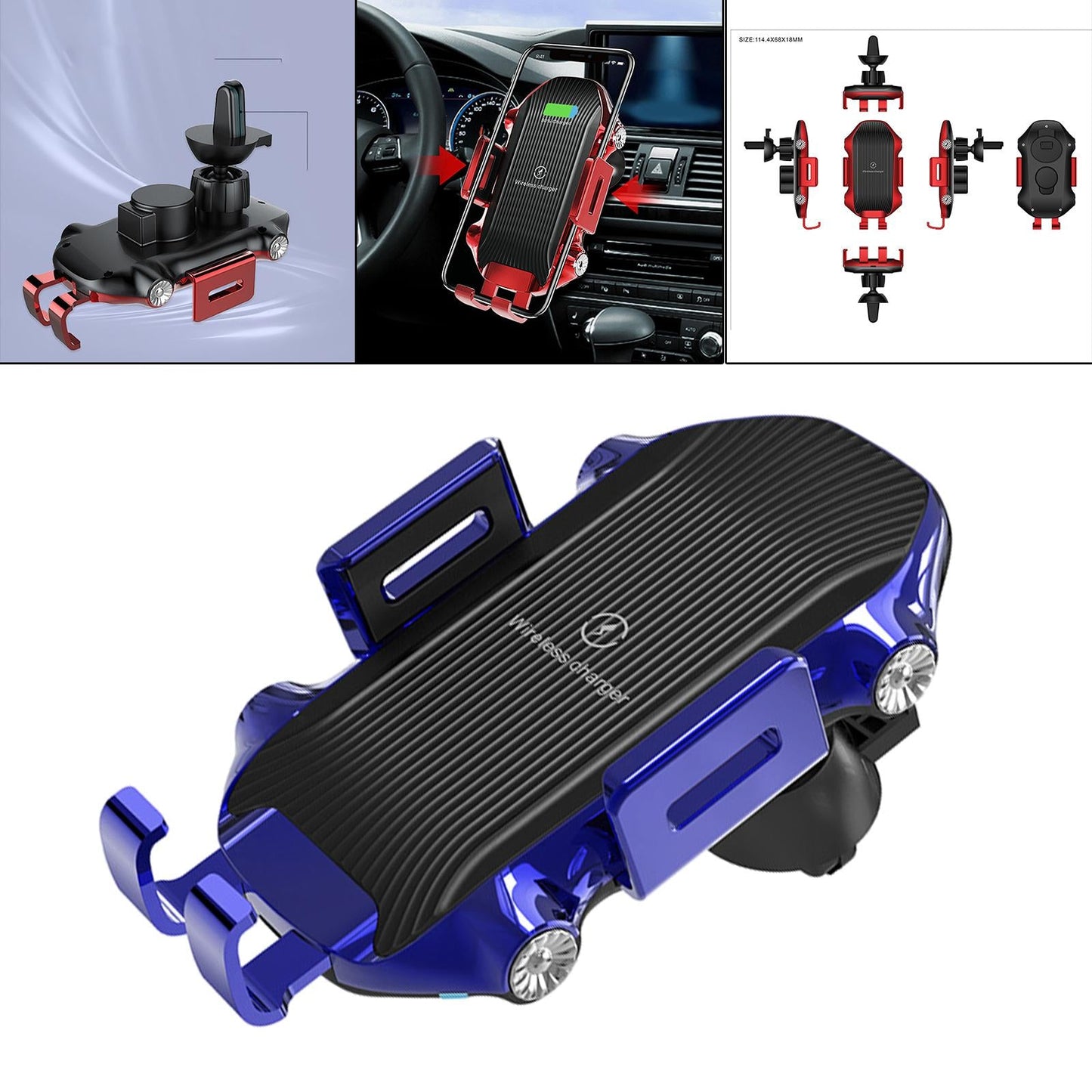 Car Phone Holder Wireless Charger Suction Mount Fast Charge Smartphones Blue