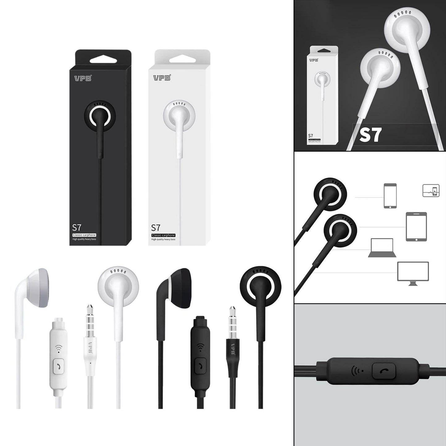 Universal S7 3.5mm Wired In-Ear Earphone for Phones PC laptop Boxed Black