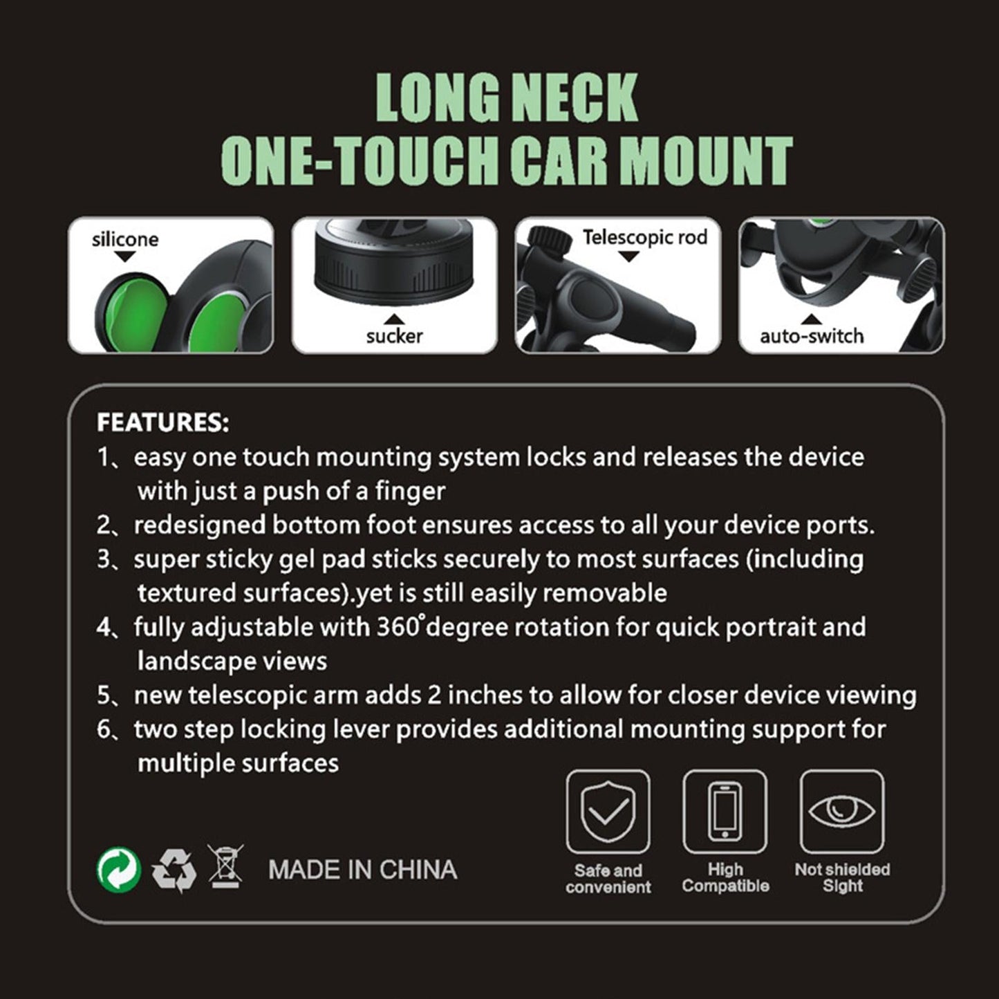 Car Phone Mount Windshield Adjustable Telescopic Arm for Huawei Black