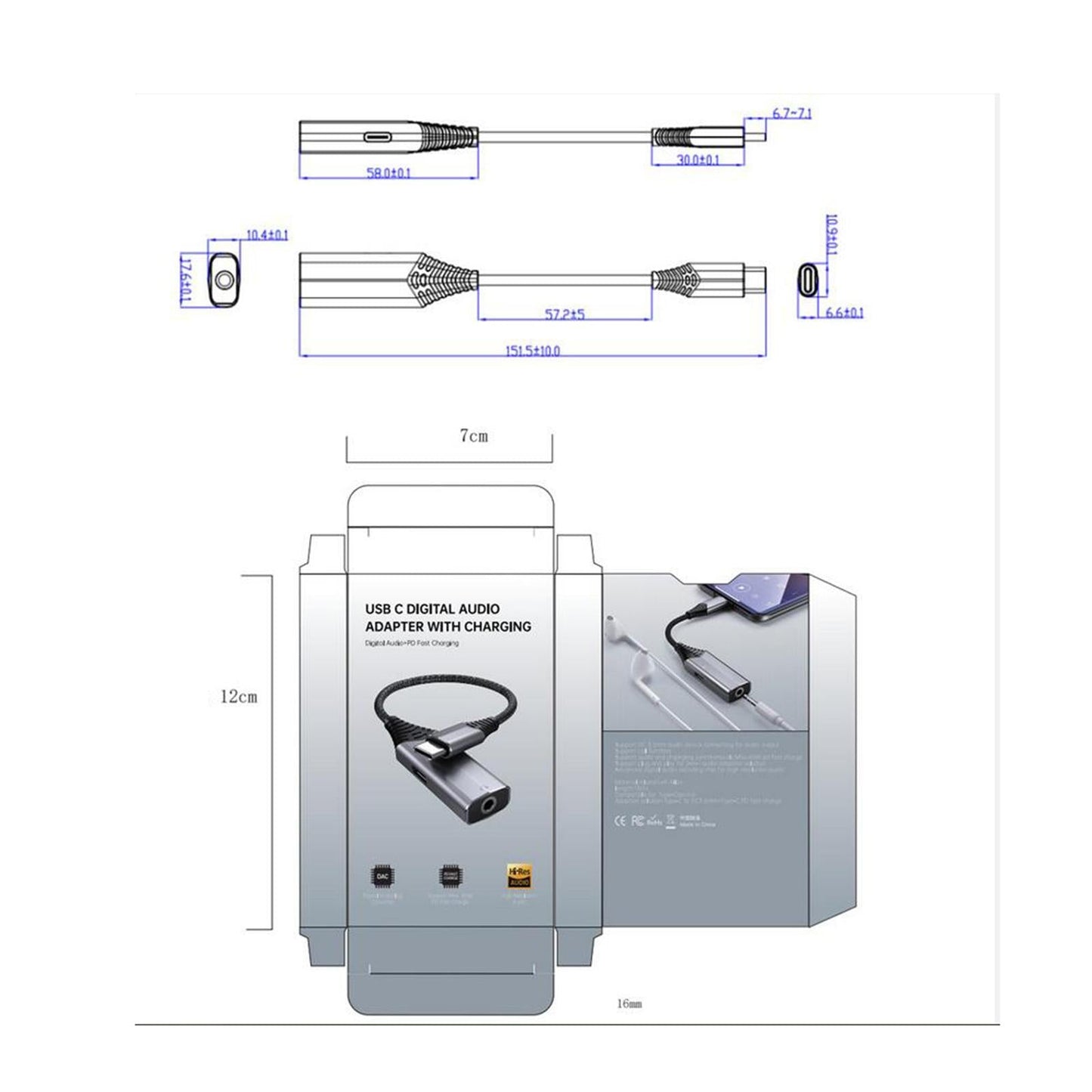 USB Type C to 3.5mm Audio Adapter and Charger AUX Cable for Smartphone