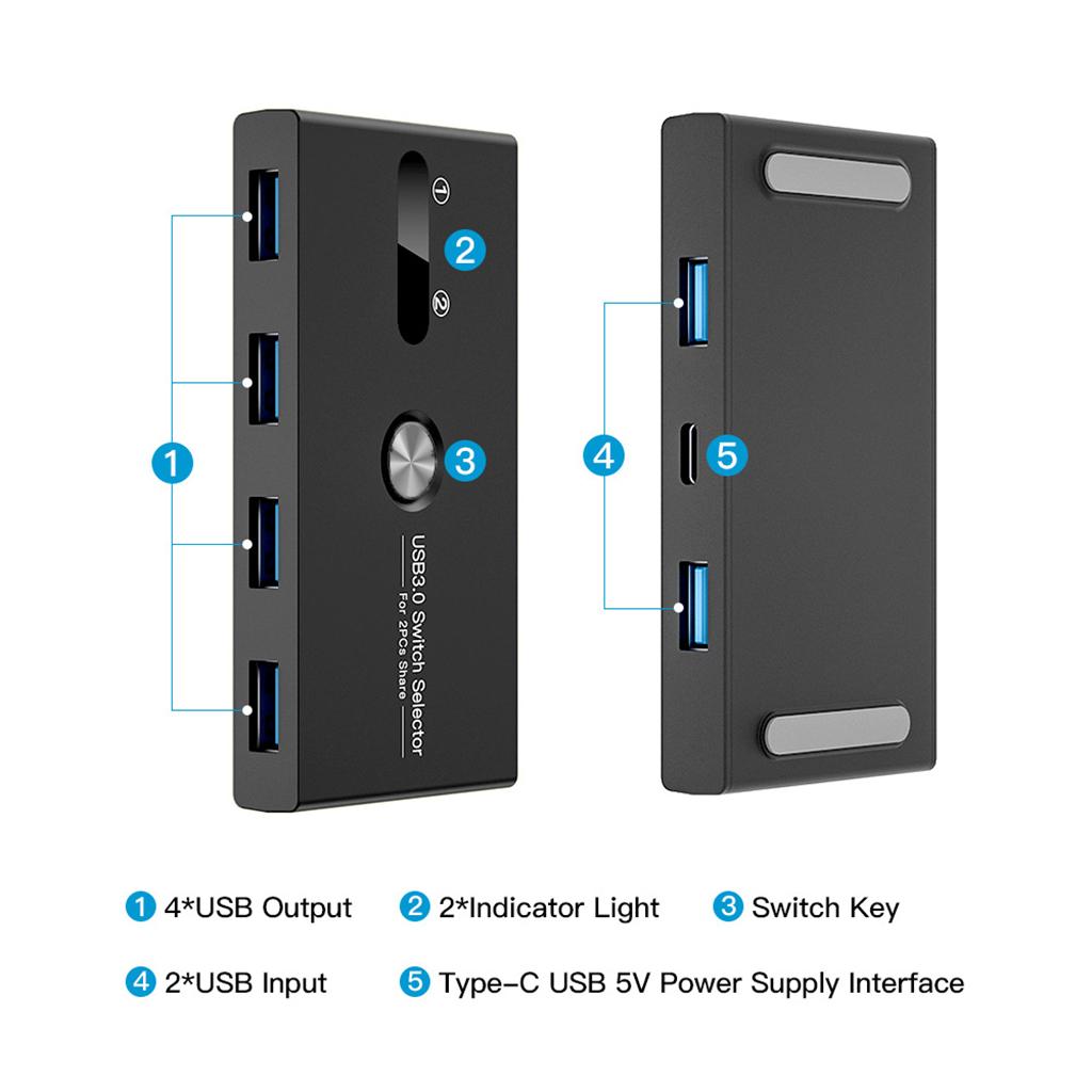 USB3.0 Switch Selector Switcher Box Hub 2 in 4 Output ,Button and LED Design