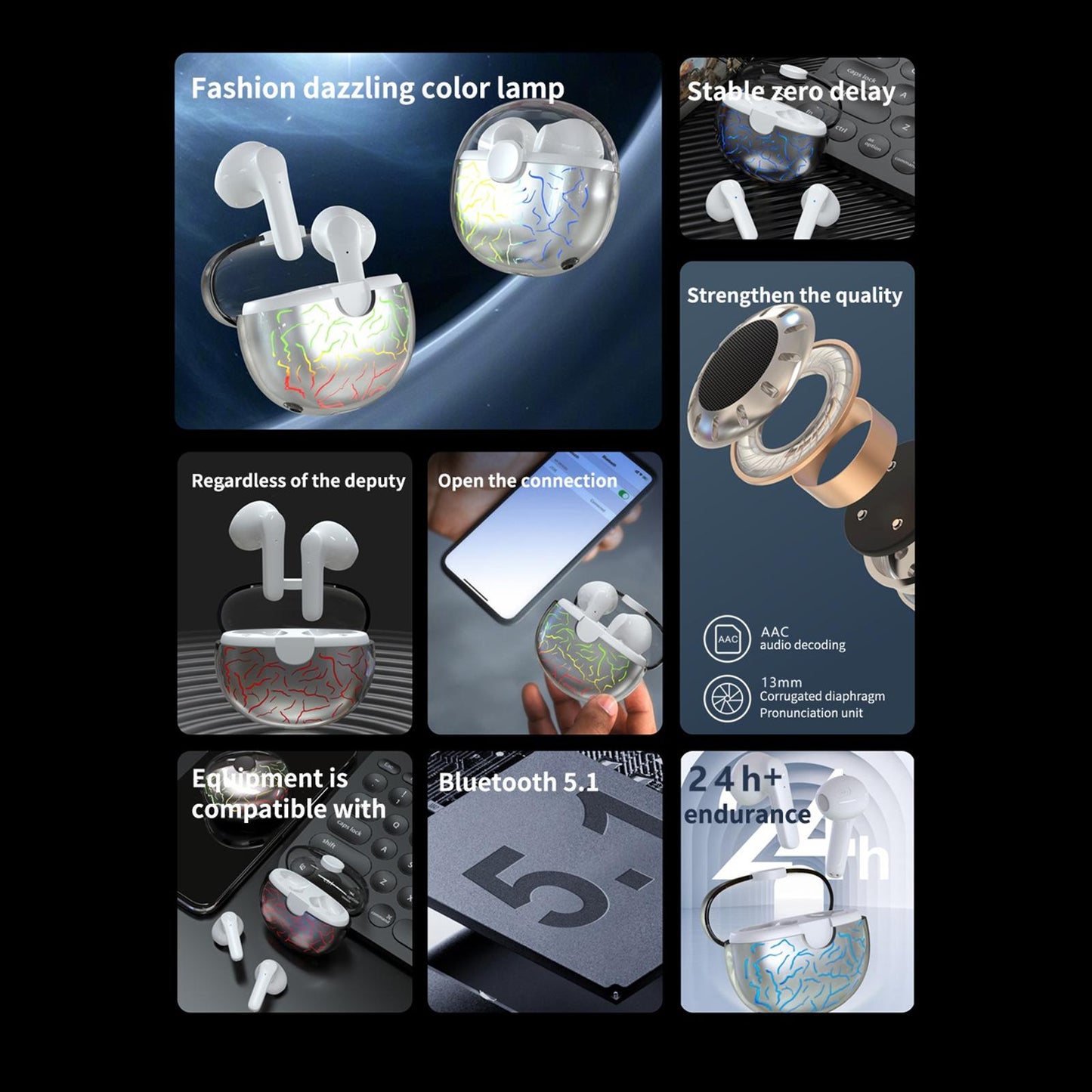 Earphones EarbudsTouch Control Breathing Light HiFi Sound Low-Latency White