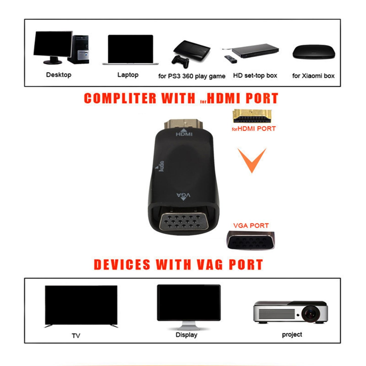 HDMI to VGA Male to Female Converter Video for Computer Black with Aux Cable