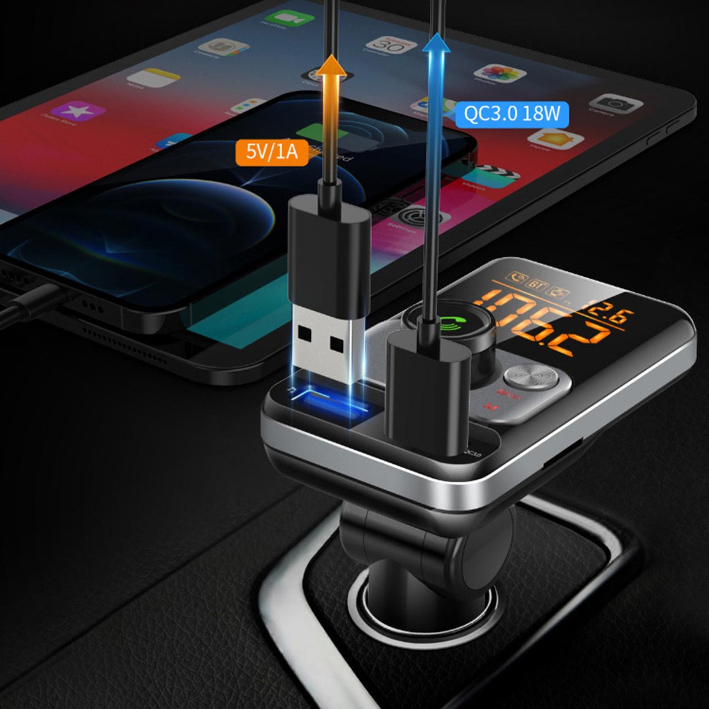 Bluetooth FM Transmitter Dual LED Display for Car Stereo Streaming Projector