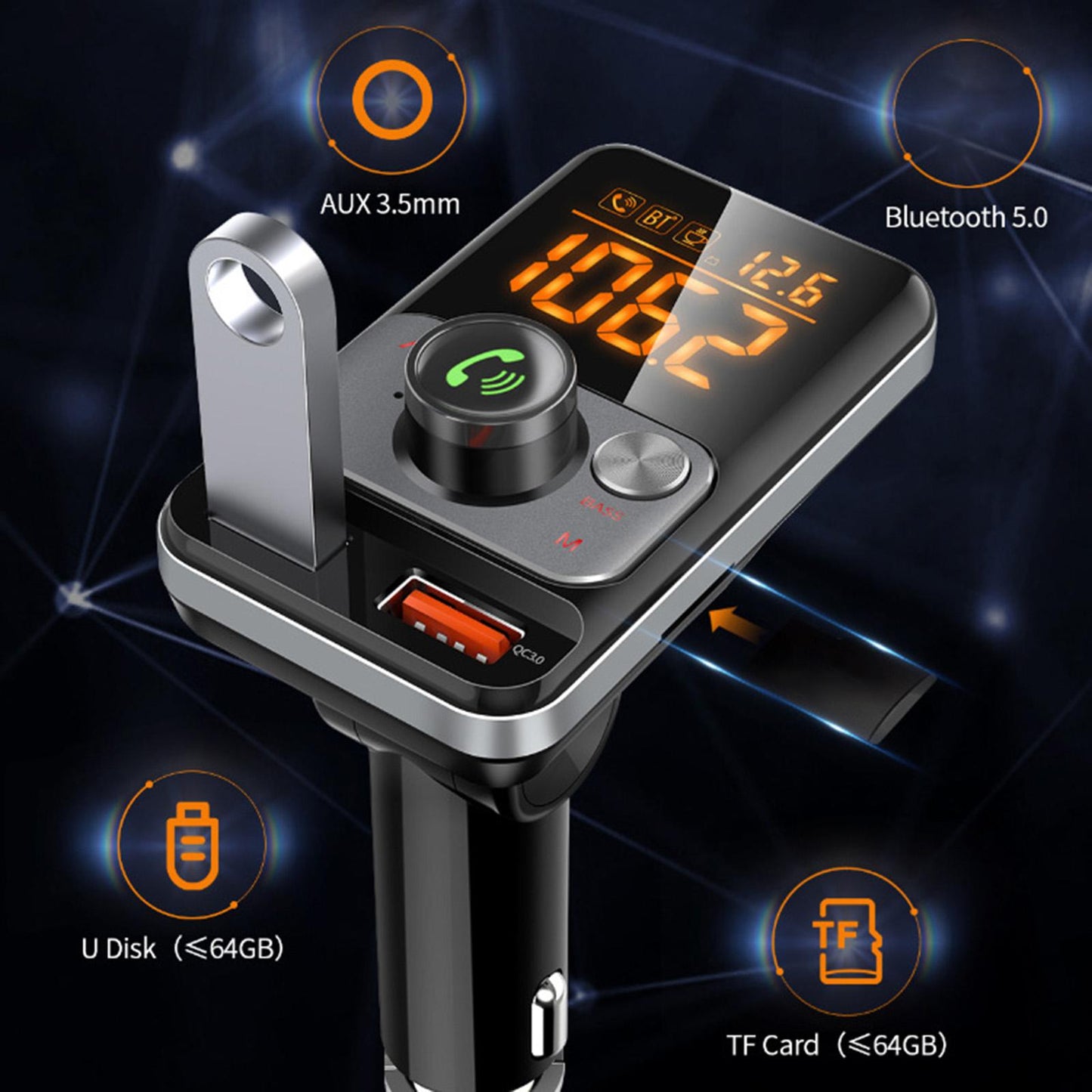 Bluetooth FM Transmitter Dual LED Display for Car Stereo Streaming Projector