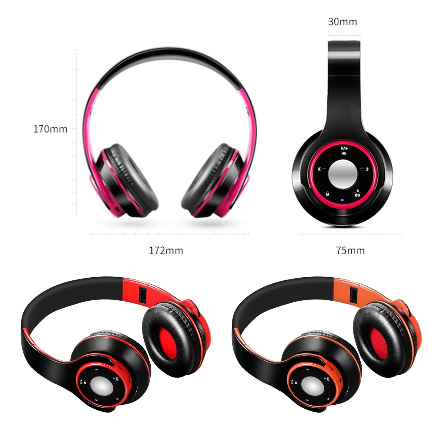 Bluetooth Headset Foldable Adjustable Over Ear Cosy Earpads for Teens red
