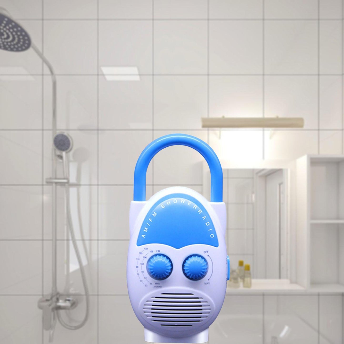 Shower AM FM Button Speaker Top Handle IPX4 Water Resistant Blue