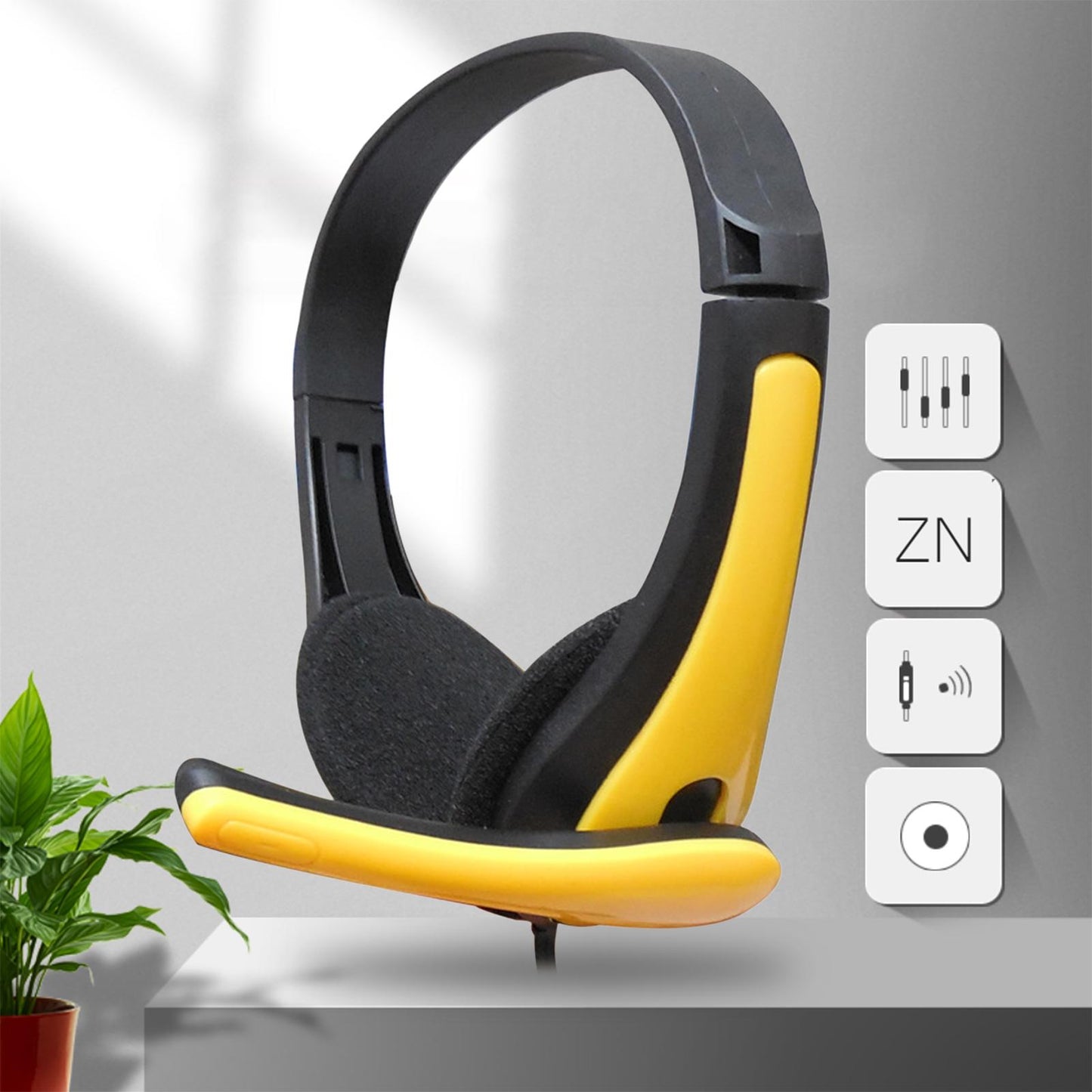 Wired Headphones 3.5mm Audio Cable Corded Lightweight Stereo for Laptop Kids Yellow