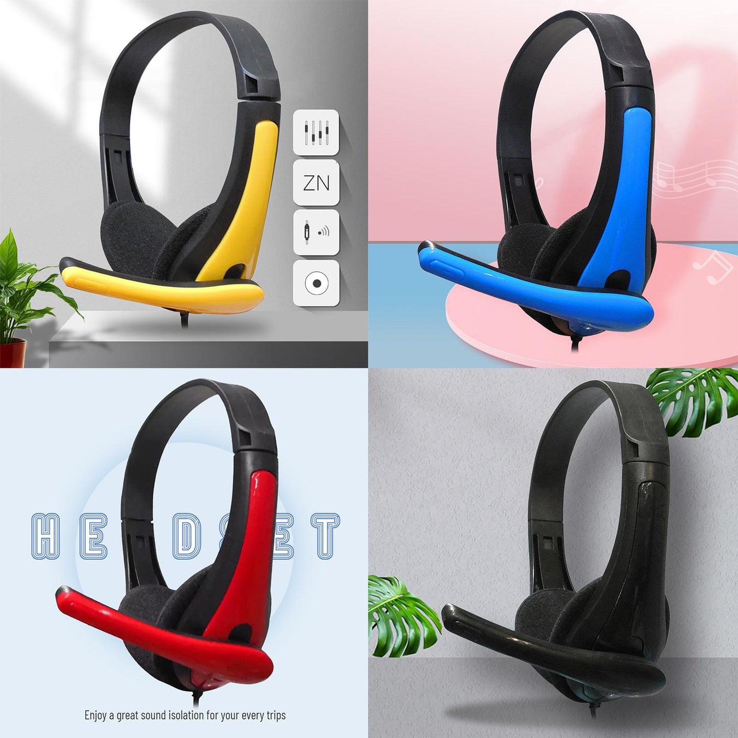 Wired Headphones 3.5mm Audio Cable Corded Lightweight Stereo for Laptop Kids Yellow