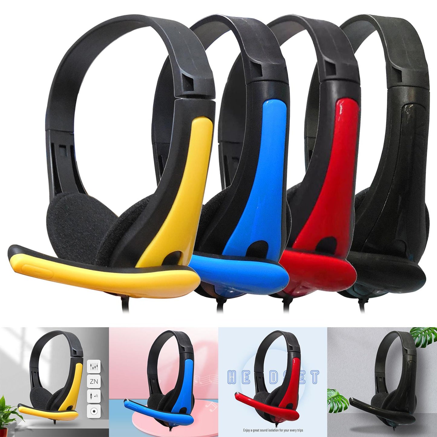 Wired Headphones 3.5mm Audio Cable Corded Lightweight Stereo for Laptop Kids Yellow