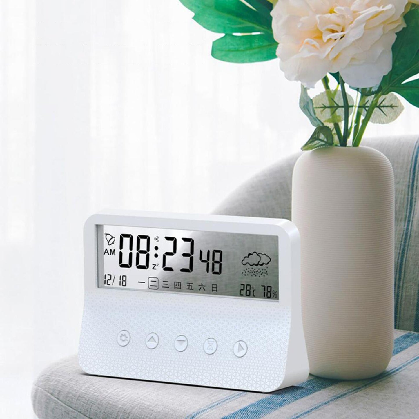 Alarm Clock Thermometer Hygrometer Snooze Humidity for Bedroom Outdoor White