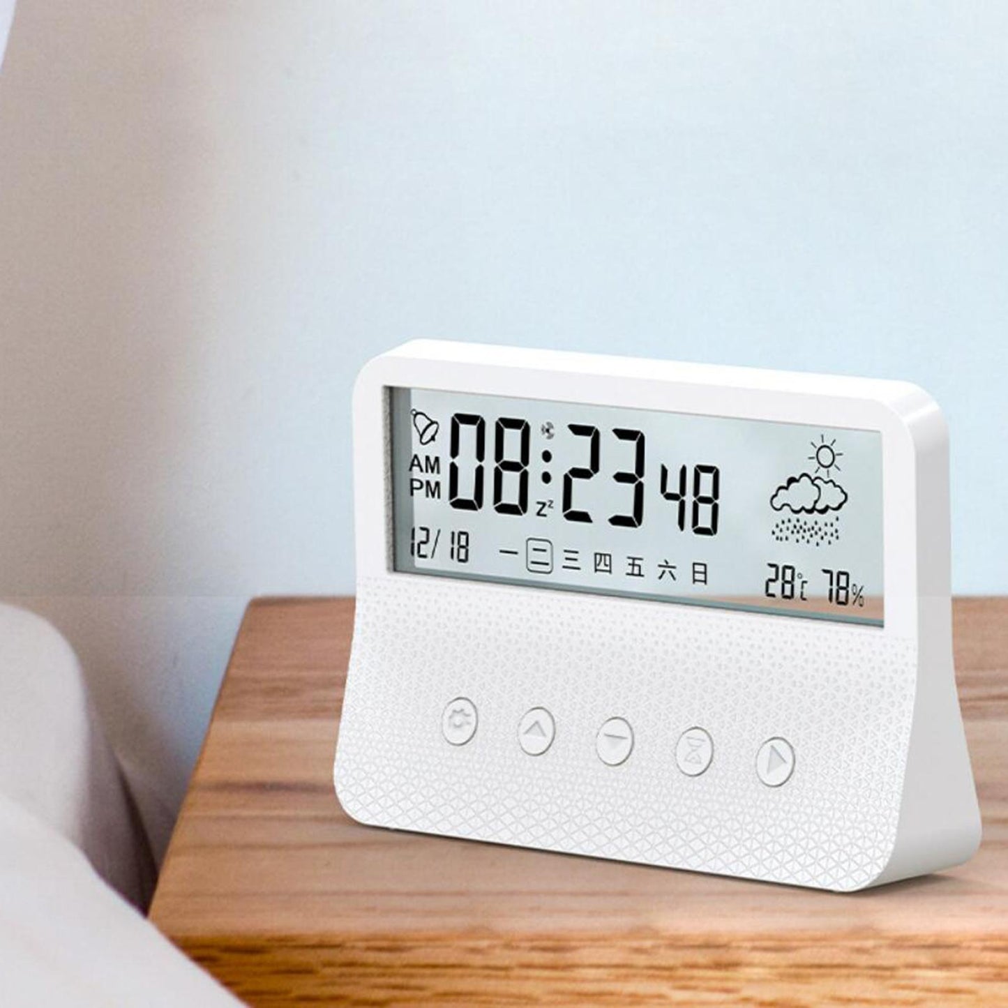 Alarm Clock Thermometer Hygrometer Snooze Humidity for Bedroom Outdoor White