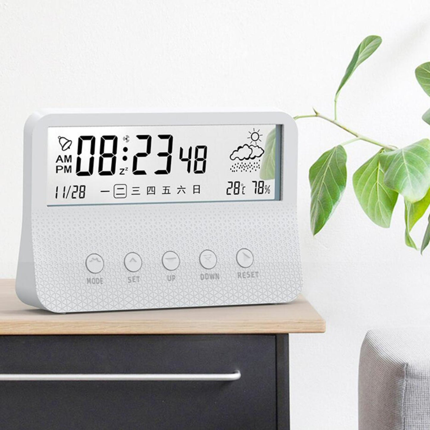 Alarm Clock Thermometer Hygrometer Snooze Humidity for Bedroom Outdoor White