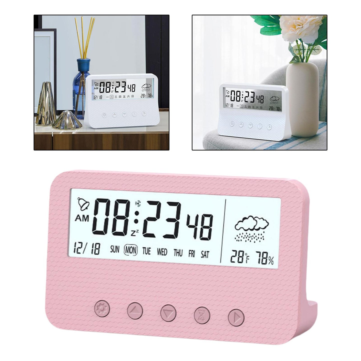 Alarm Clock Thermometer Hygrometer Snooze Humidity for Bedroom Outdoor Pink