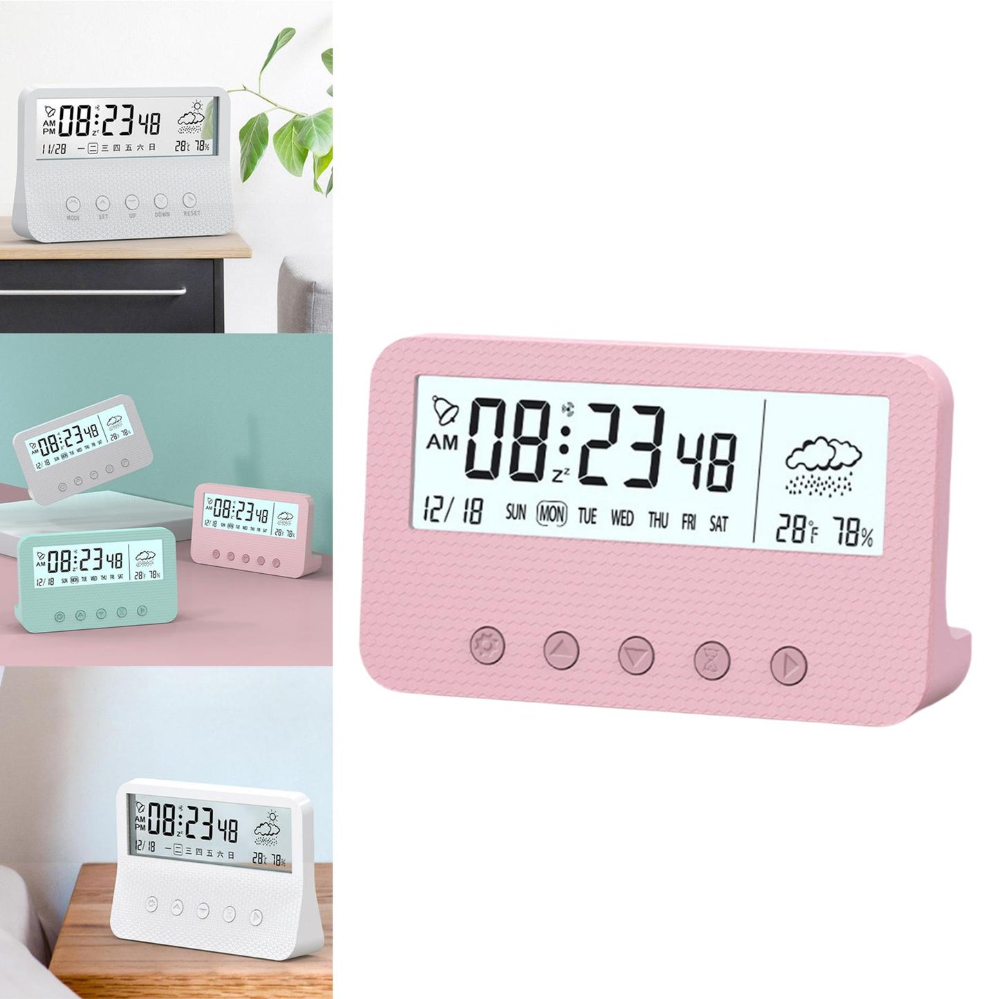 Alarm Clock Thermometer Hygrometer Snooze Humidity for Bedroom Outdoor Pink