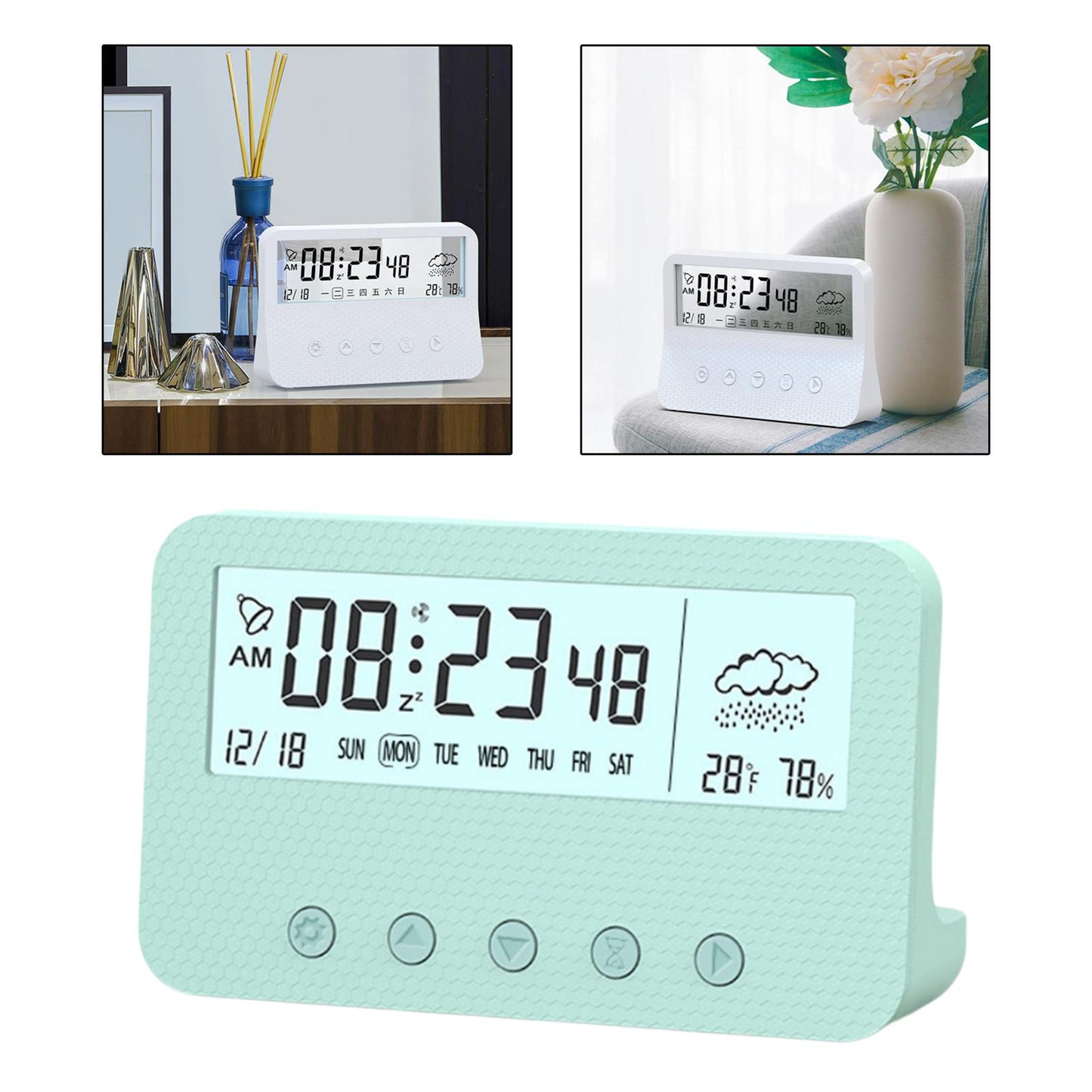 Alarm Clock Thermometer Hygrometer Snooze Humidity for Bedroom Outdoor Green