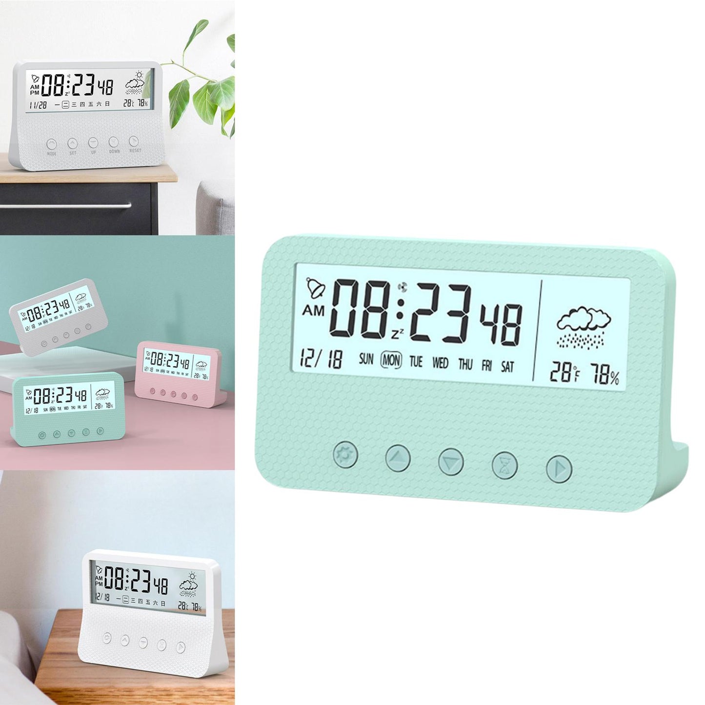 Alarm Clock Thermometer Hygrometer Snooze Humidity for Bedroom Outdoor Green