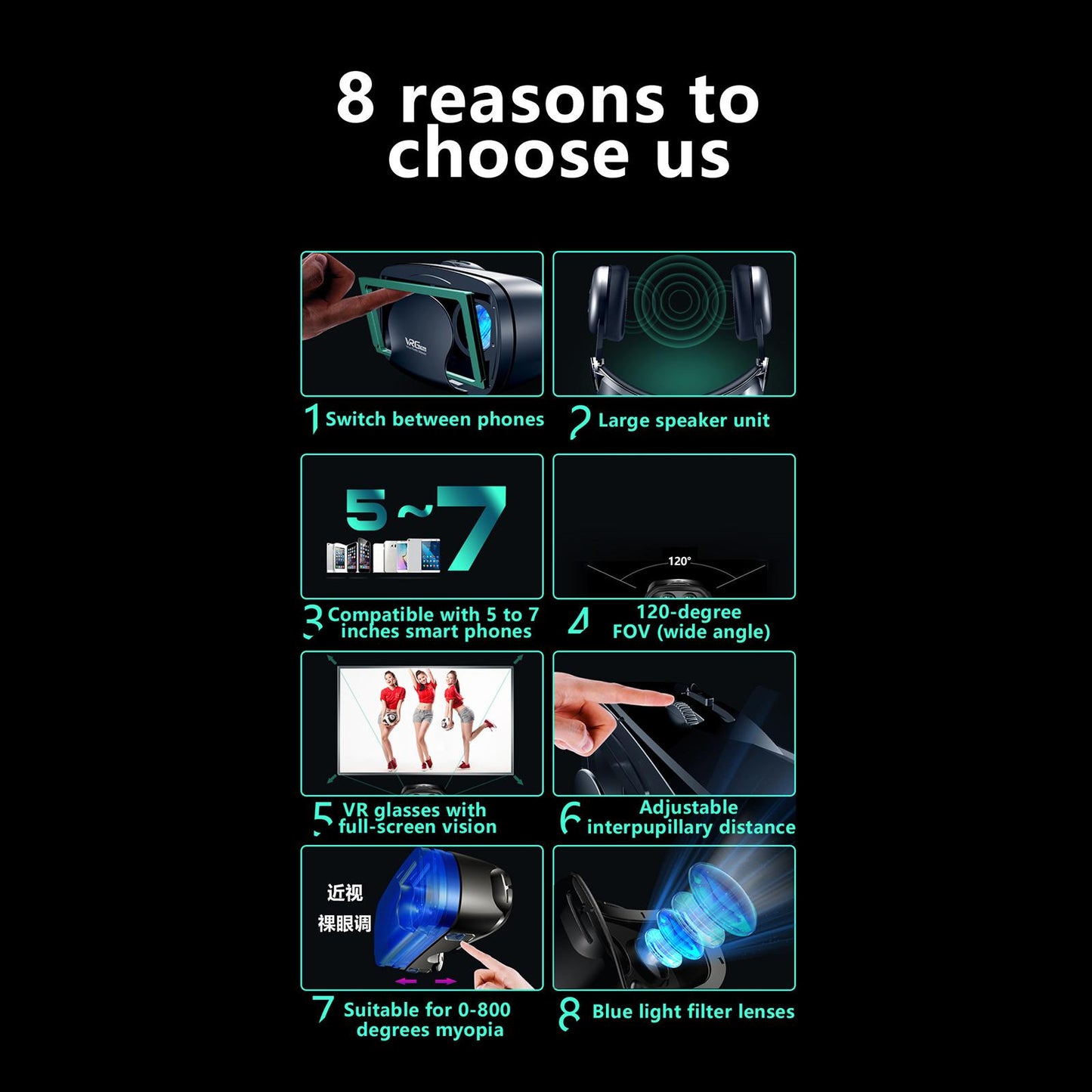 3D VR Glasses Adjustable Headset Helmet for 5-7" Phones No Remote Control