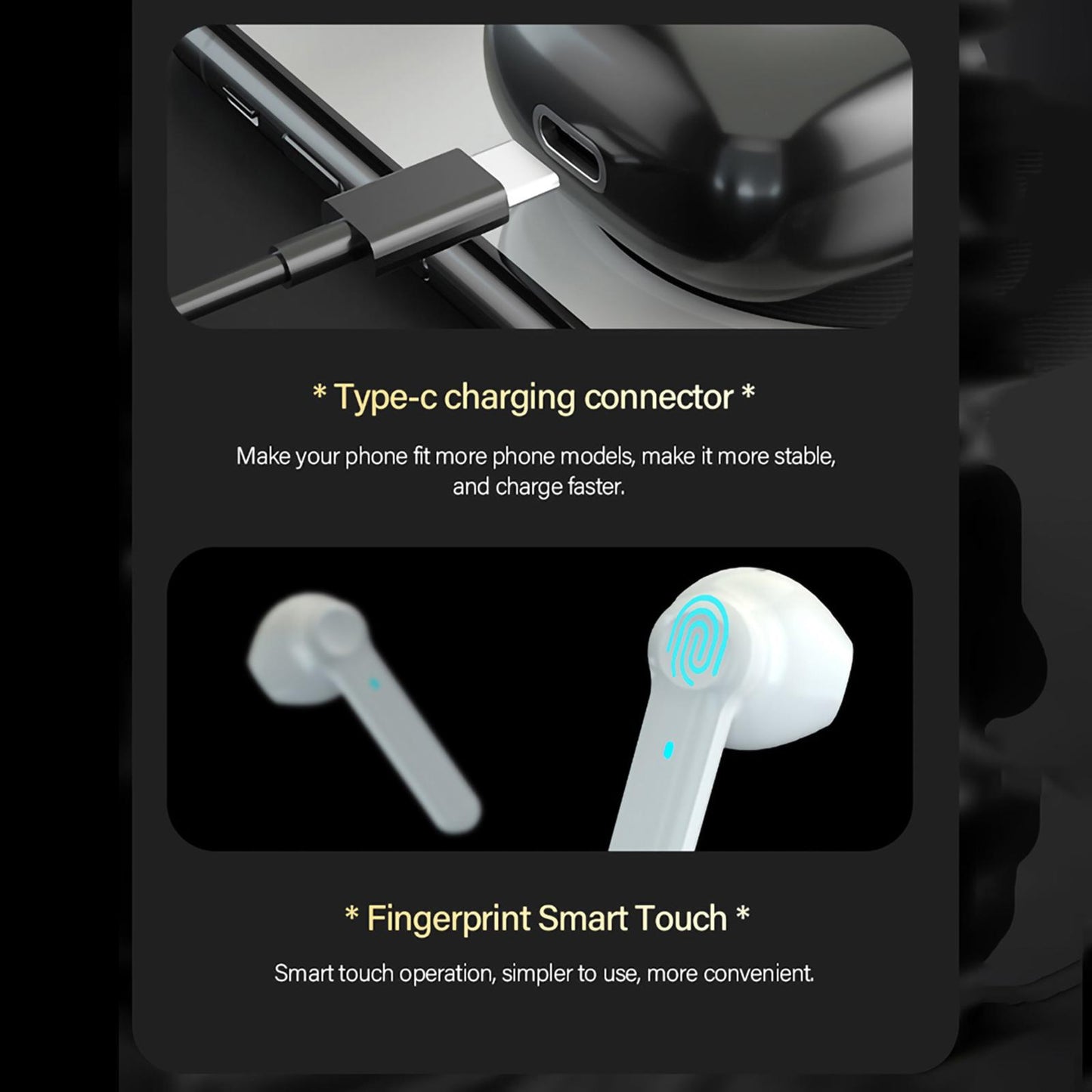 Bluetooth 5.0 In-Ear Earbuds Rechargeable Sports Earphones for Gaming Black