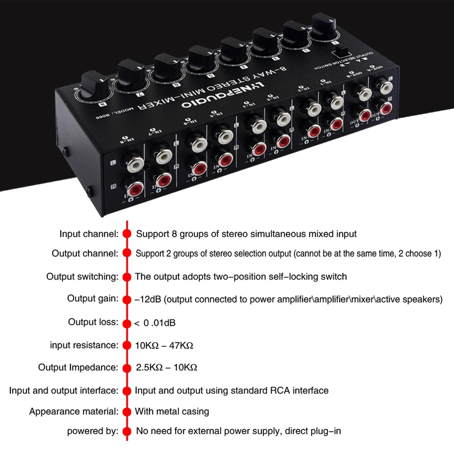 8 in 2 Out AV Switch RCA Switcher 8-Way Impedance Speaker for Home Theater