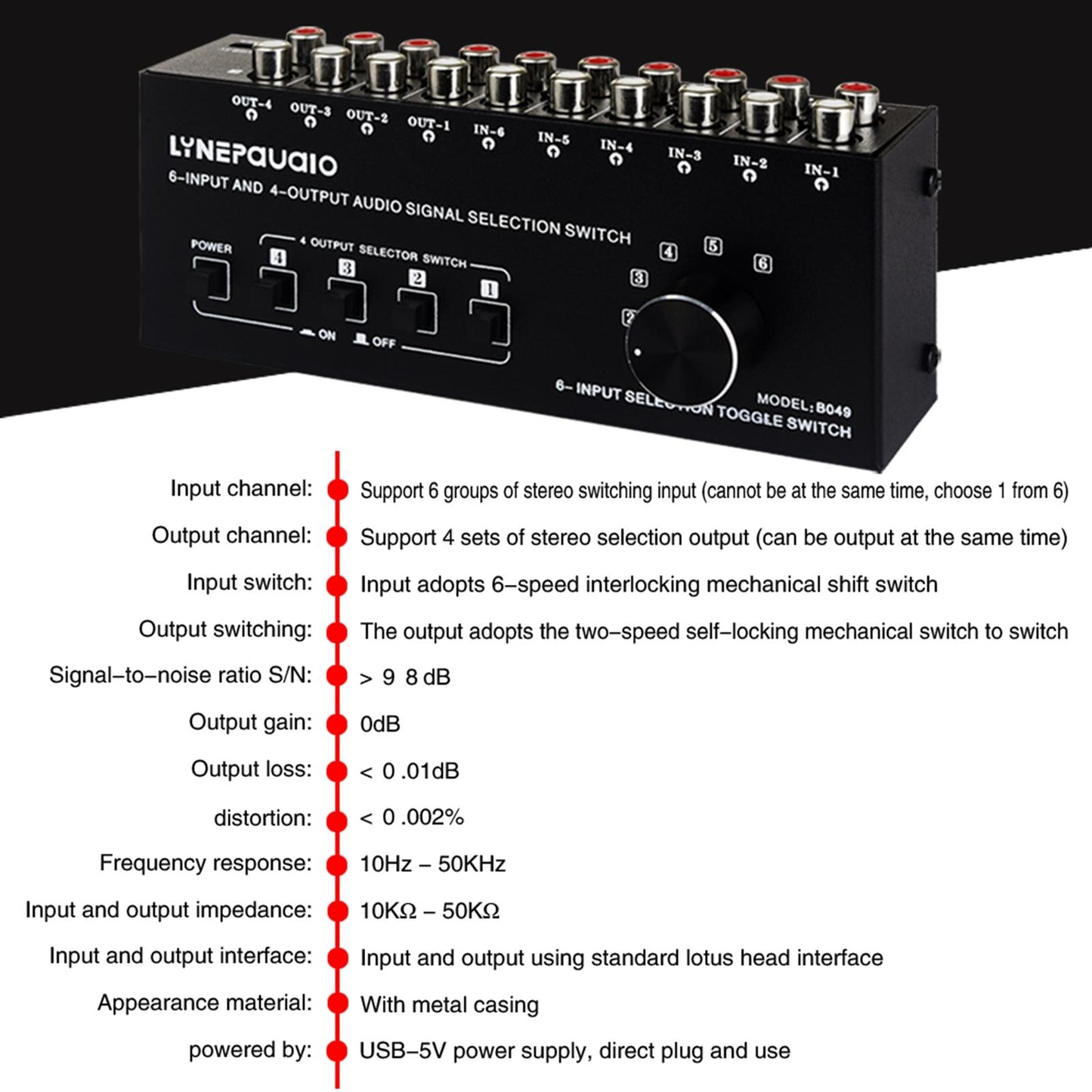 6 in 4 Out Audio Signal Switcher Audio Frequency Select for Headphone Phones